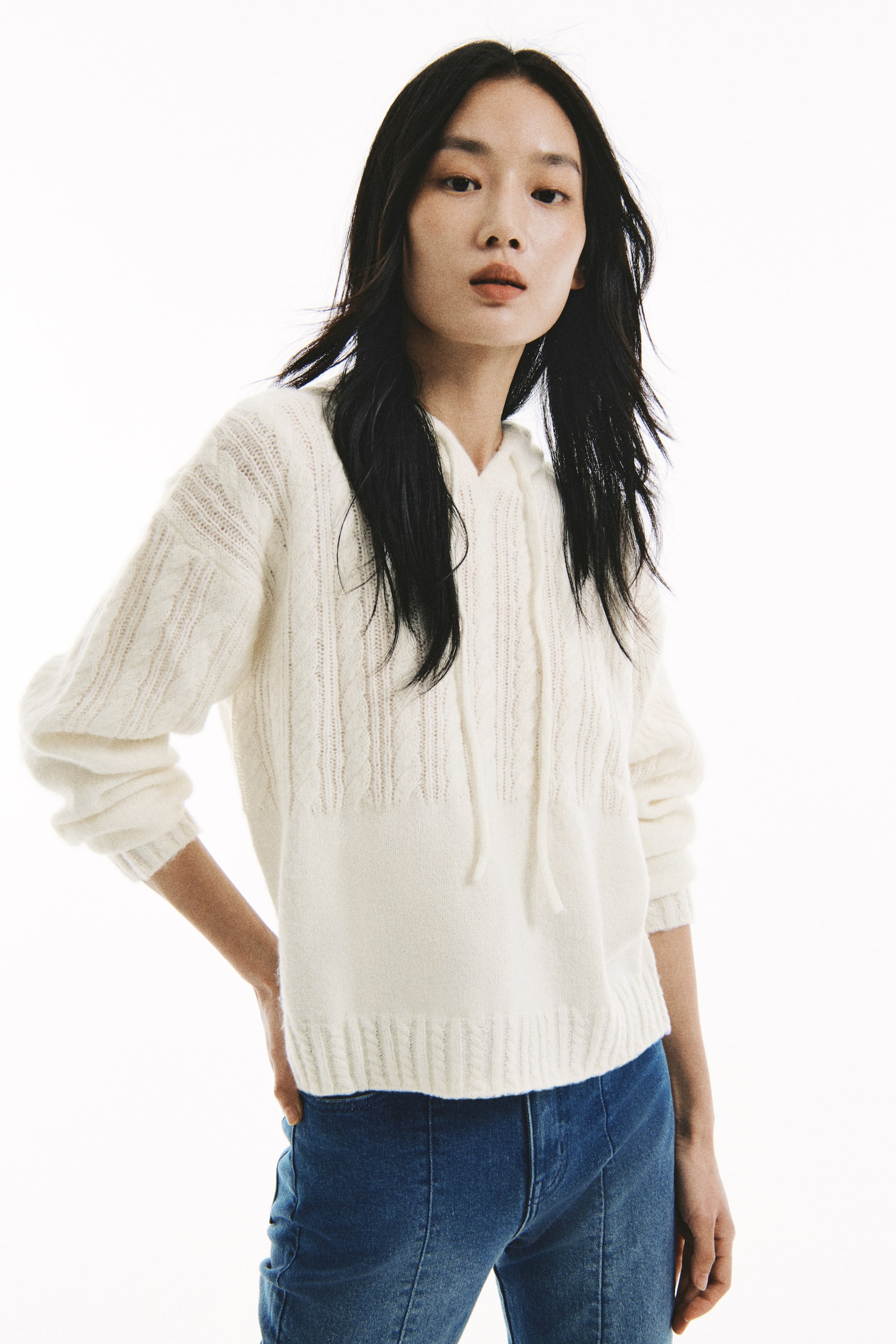 拡大画像を表示: ケーブルニットフーデッドトップス - クリーム - レディース | H&M JP 3