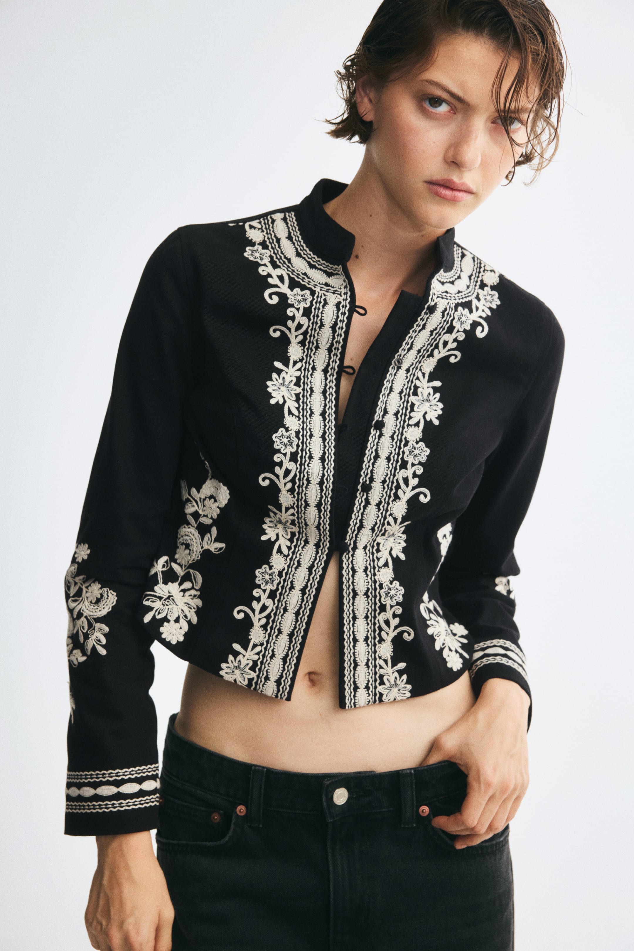 View larger image: Embroidered twill jacket - Black/Flowers - Ladies | H&M 1