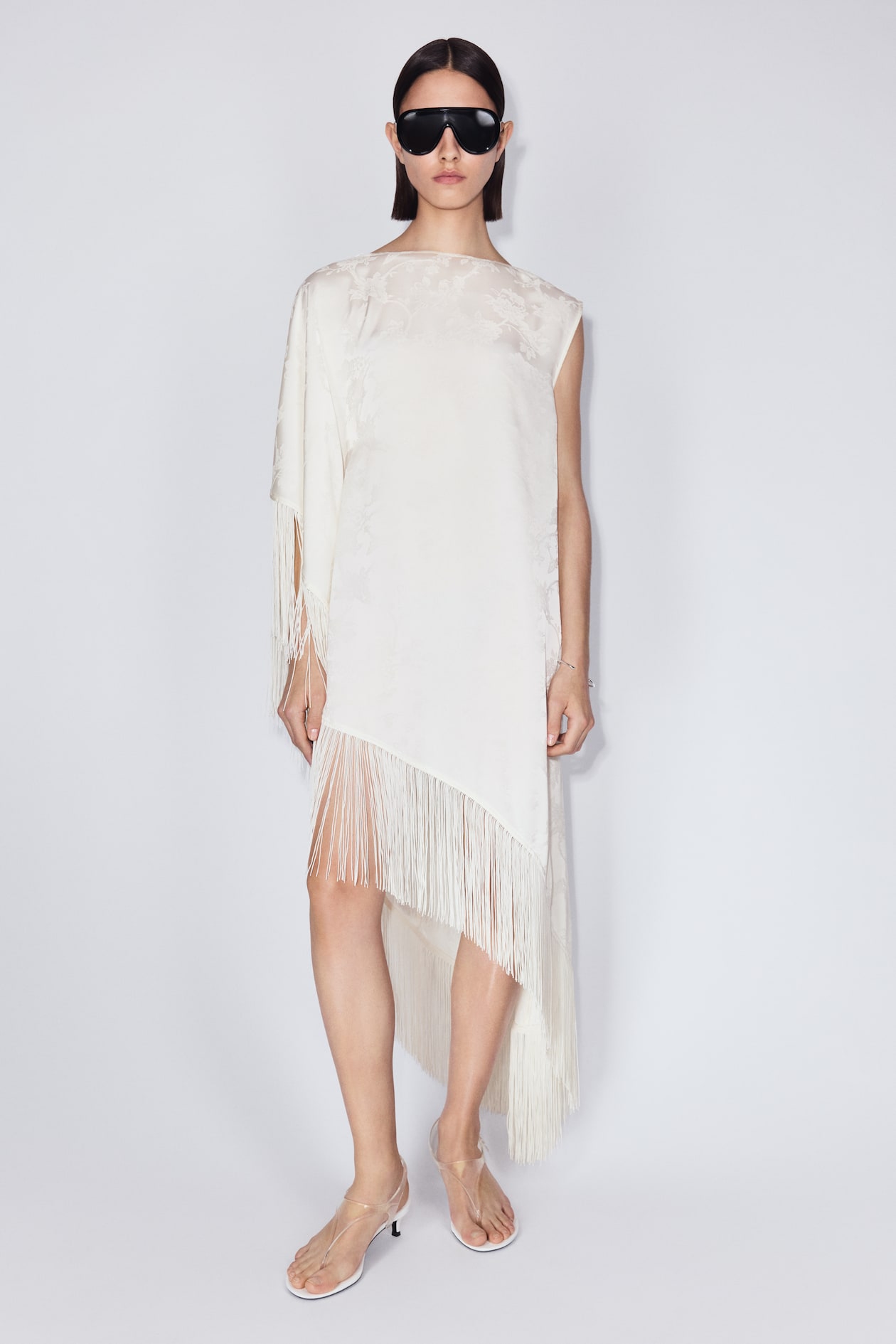 Women's Cream Fringed One-Shoulder Kaftan Dress