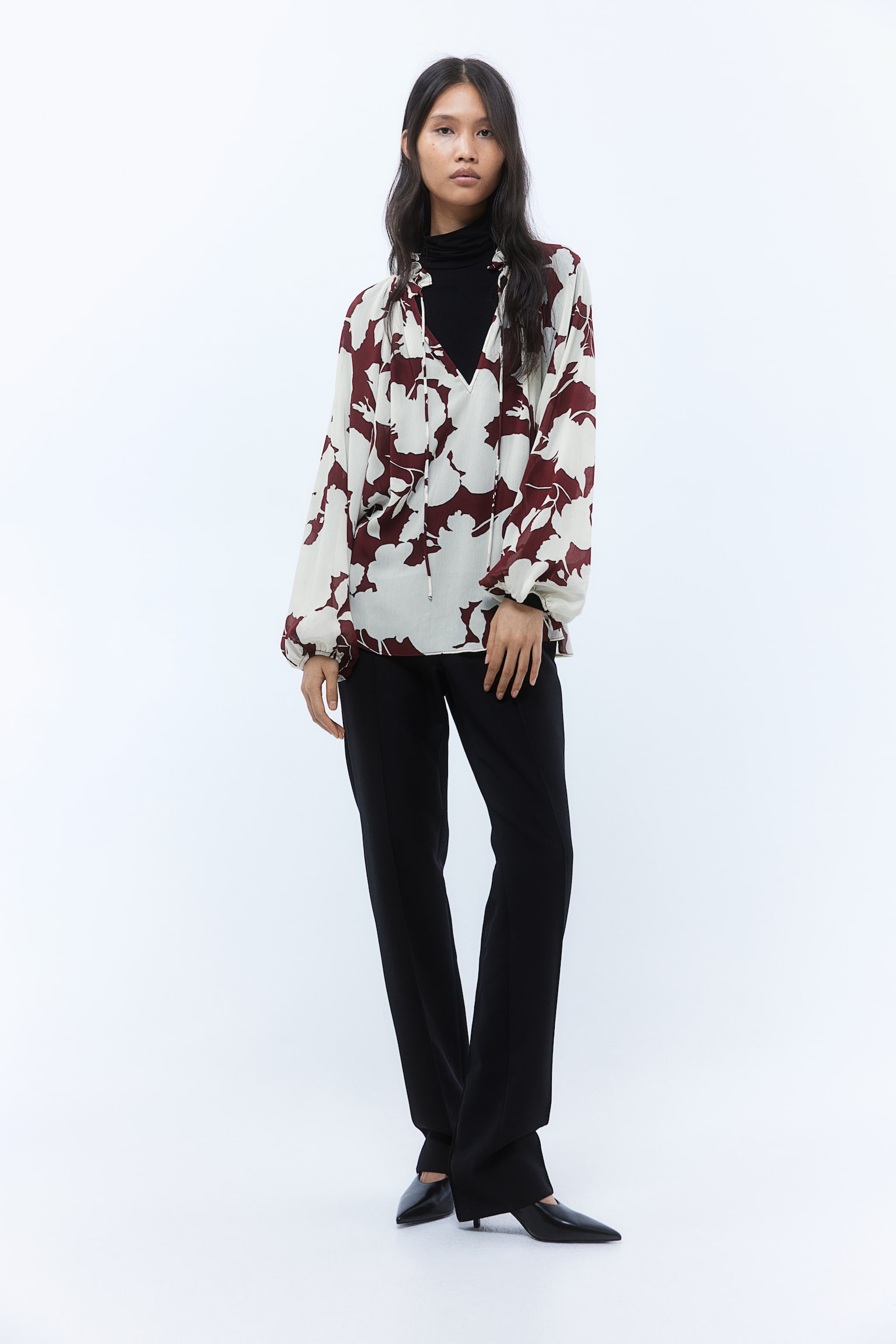 Ckrinkled chiffon blouse - Dark red/Cream floral/Black/Black/White floral - 4