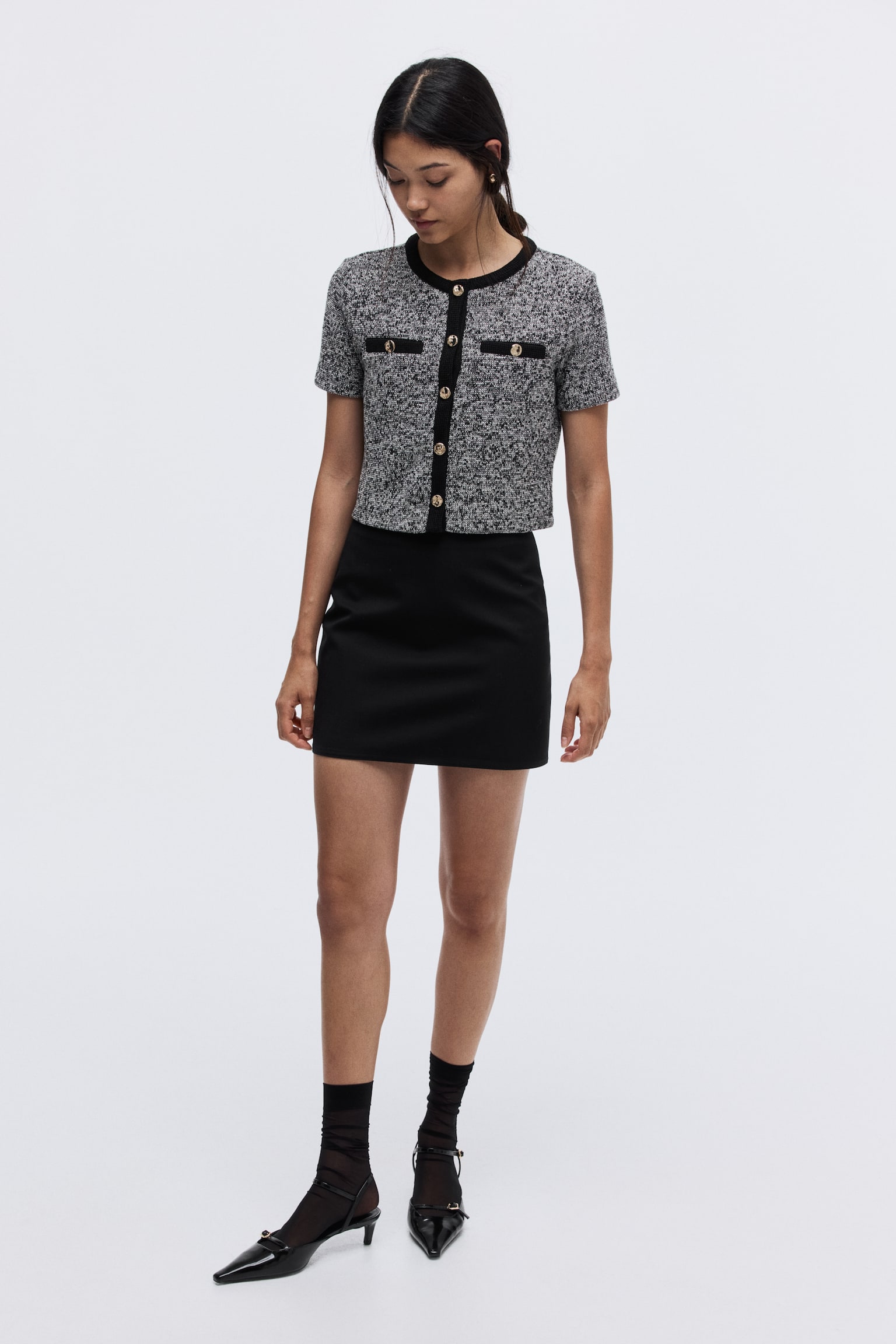 Áo cardigan bằng jersey vân nổi - Màu đen đốm - 4