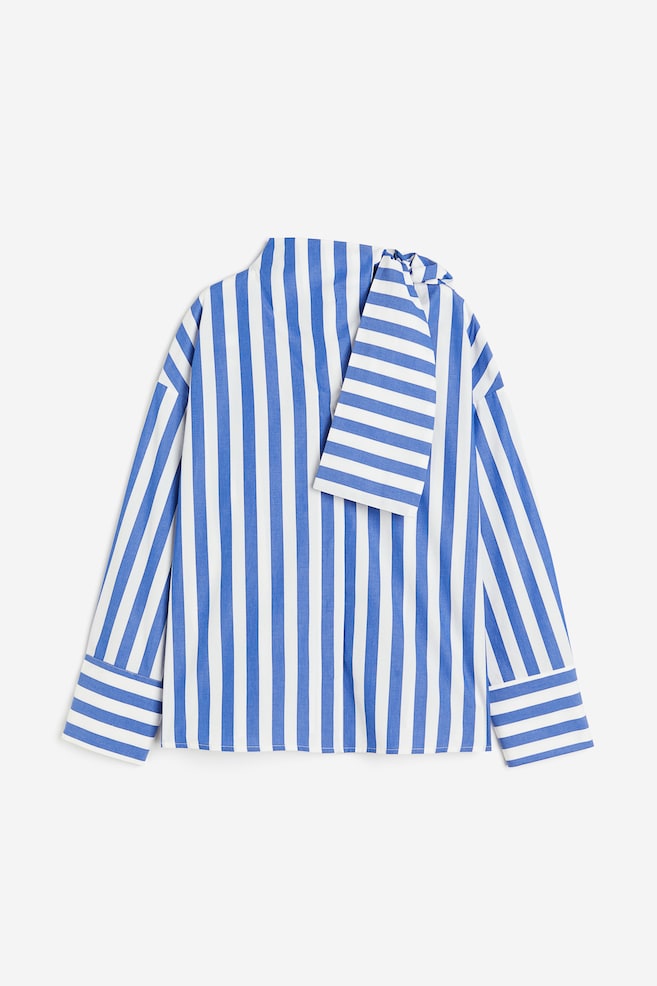 Bawełniana bluzka z wiązaniem przy szyi - Niebieski/Paski - 2
