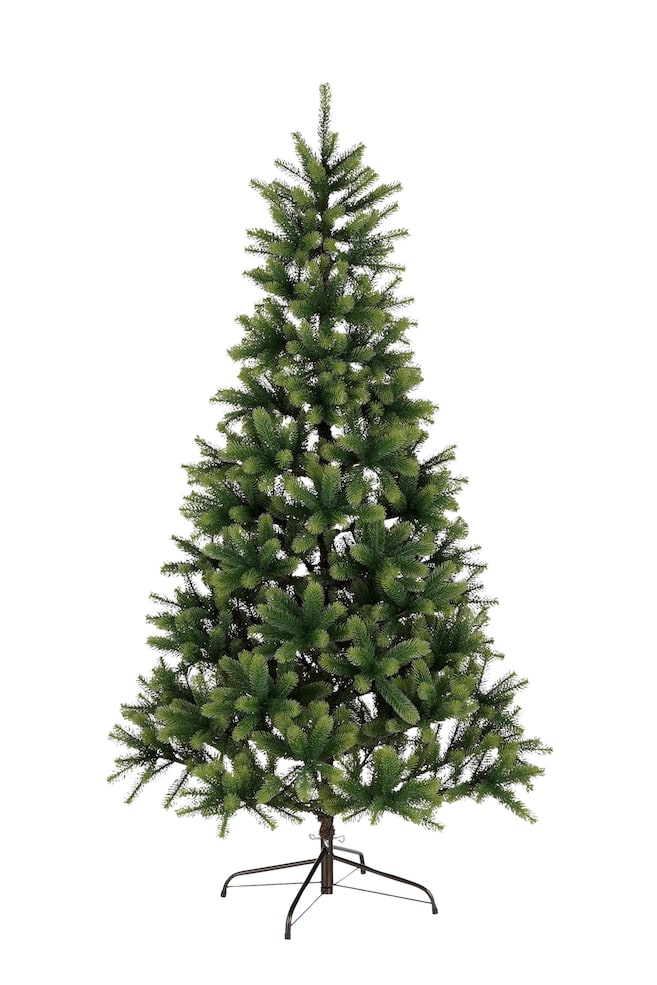 Ein künstlicher Weihnachtsbaum steht direkt nach vorne gerichtet und zeigt seine konische Form mit dichten grünen künstlichen Kiefernadeln. Er wird von einem sichtbaren dunklen, vierbeinigen Metallständer an seiner Basis gestützt. - 1