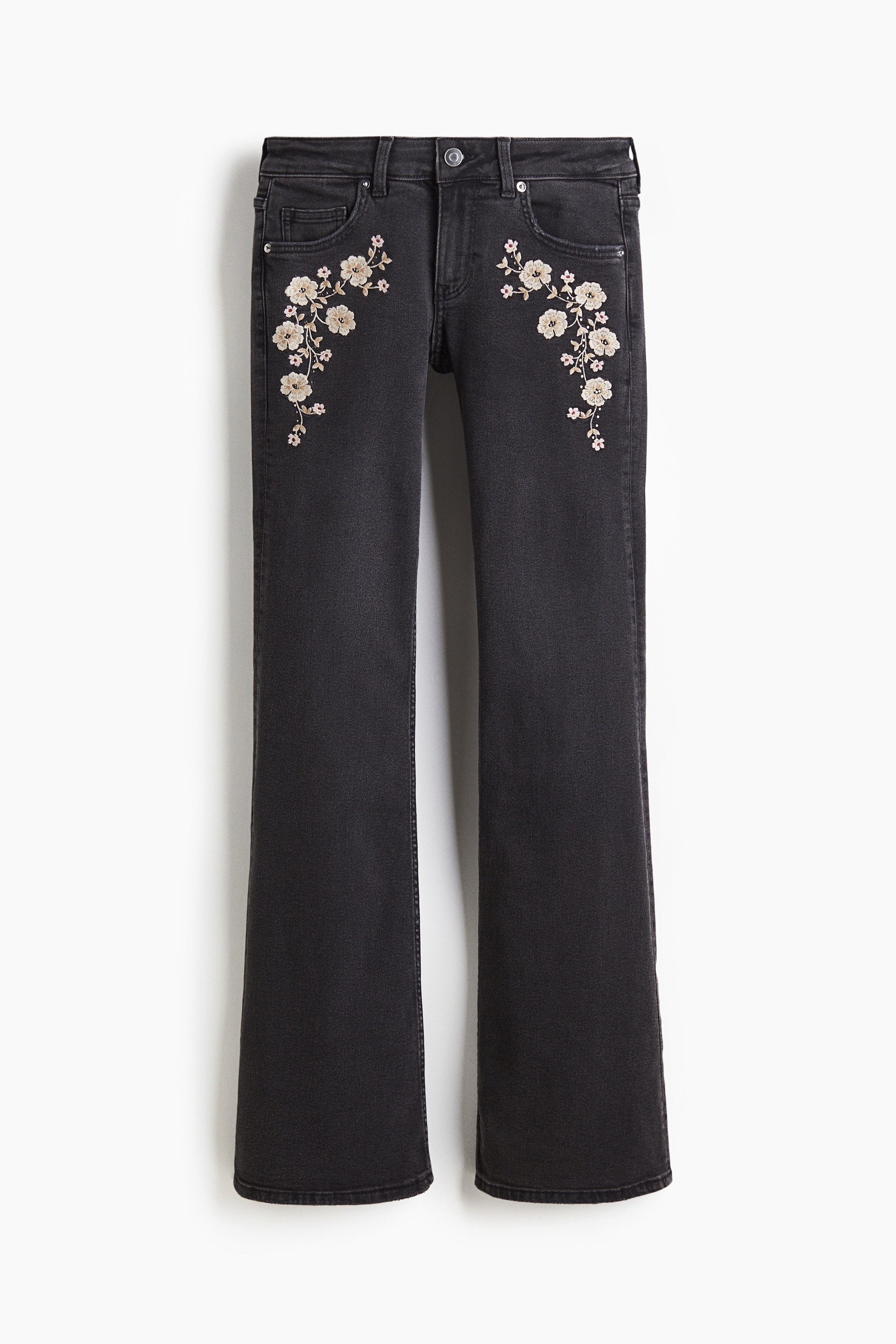喇叭低腰牛仔褲 - 深灰色/花朵