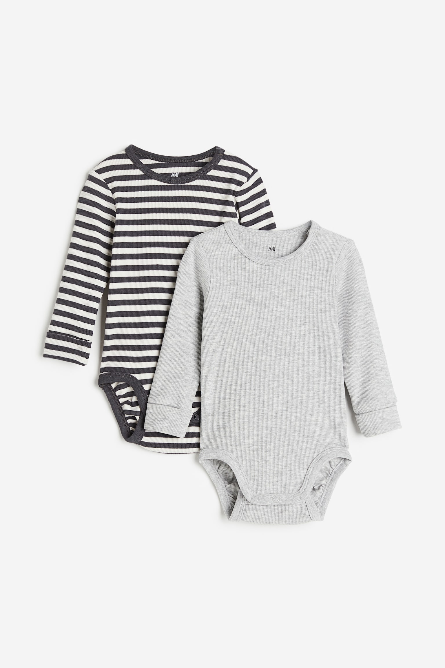 2-pack Long Sleeve Bodysuits - Light grey marle/Stripe/Light beige/Black/Blue/Dark blue/Grey marle/White/Beige/Stripe - 1