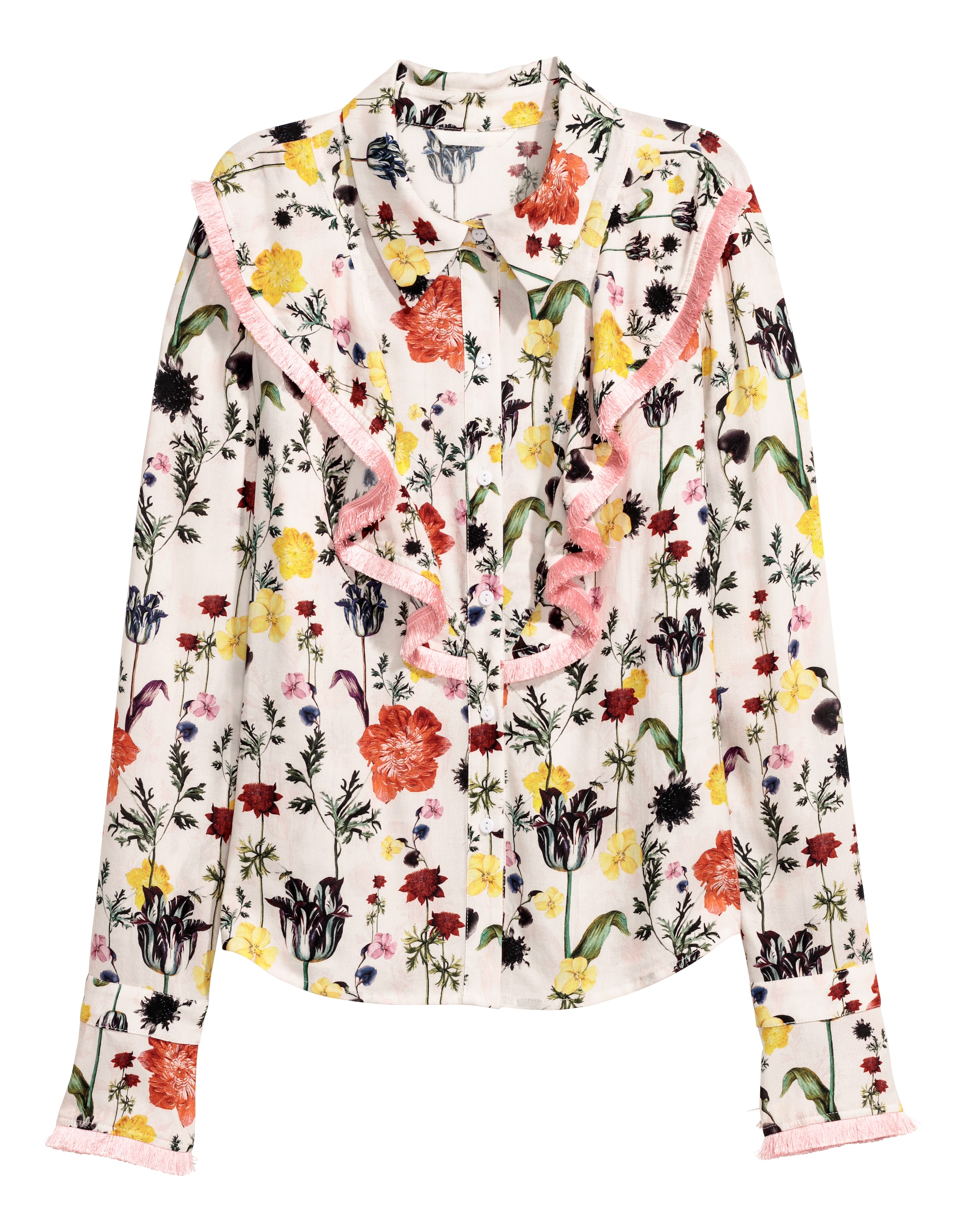 Shirt with a flounce - Long sleeve - Natural white/Floral - Ladies | H&M GB