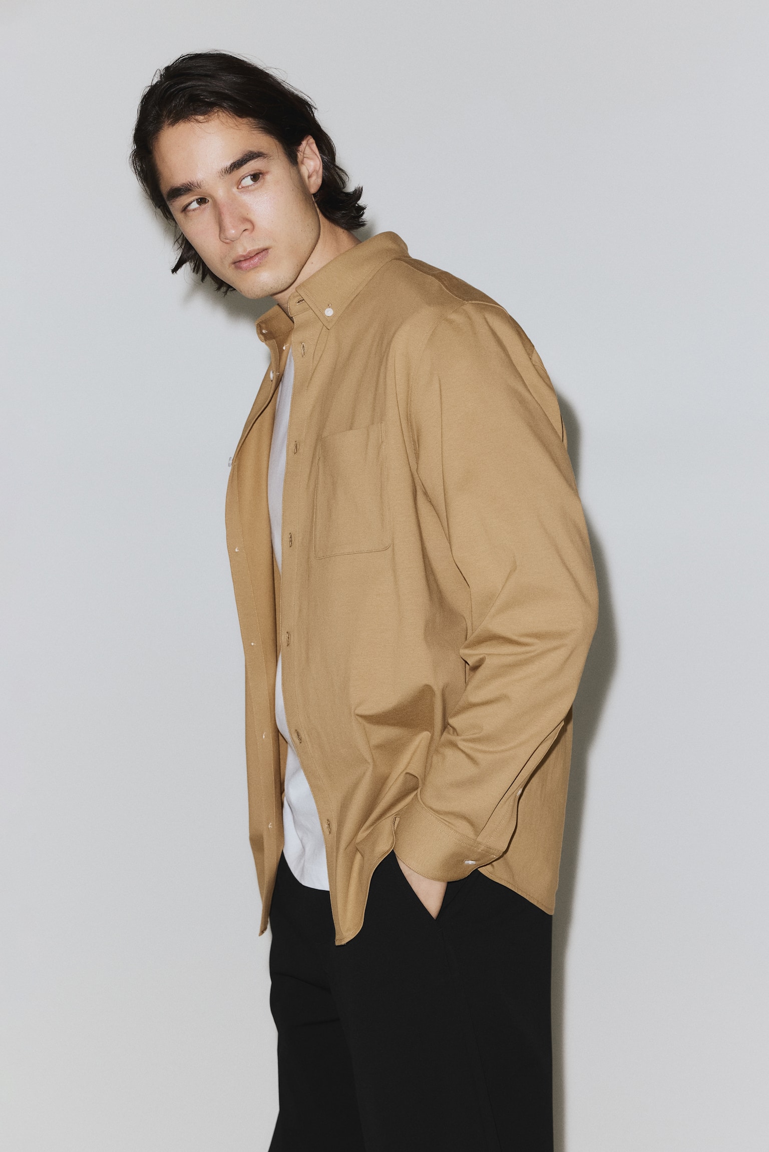 Four-way Stretch Regular Fit Shirt - Beige/White/Light blue - 1