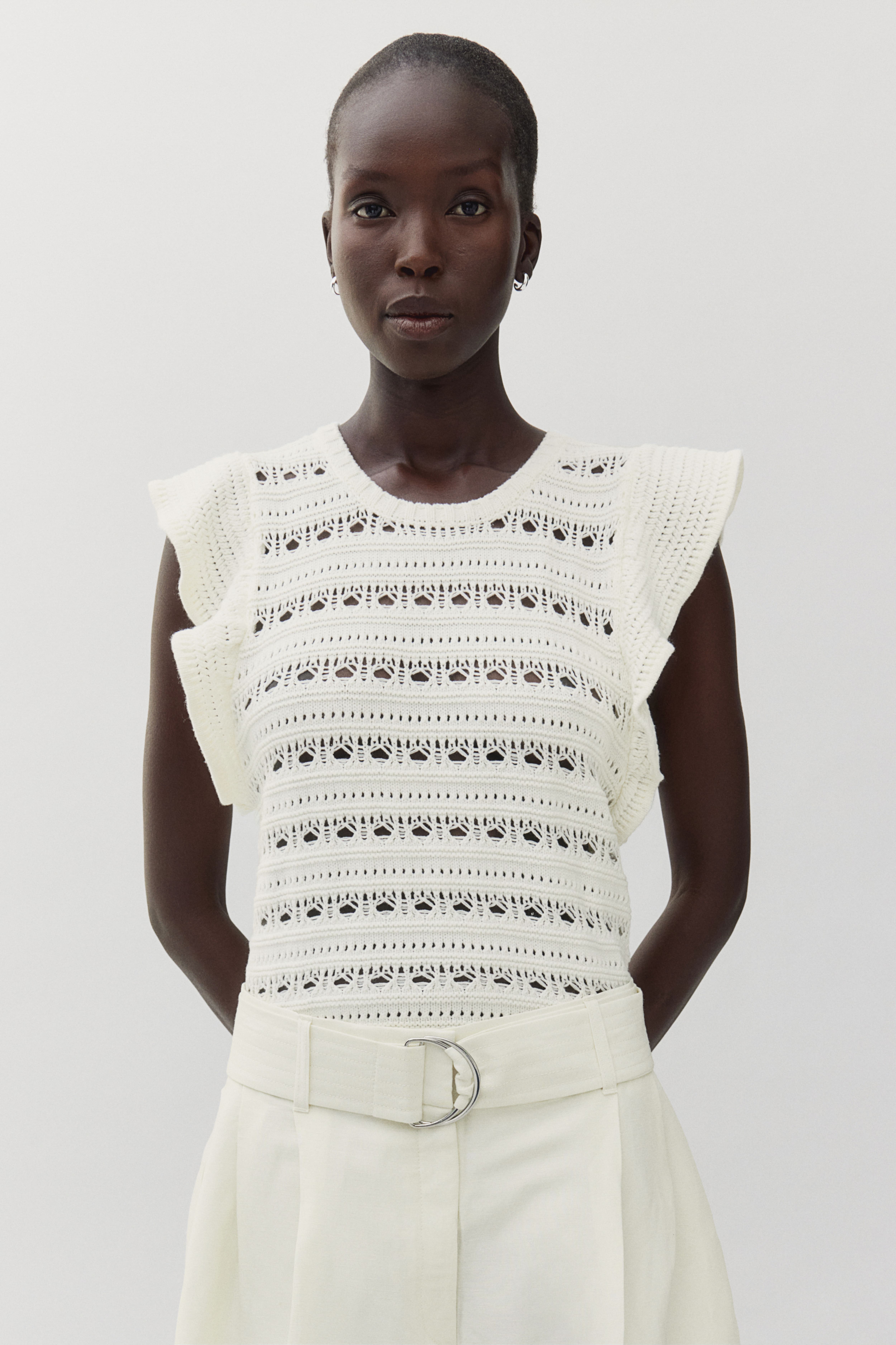 Pointelle-knit Top - Round Neck - Short sleeve - White - Ladies | Hu0026M US