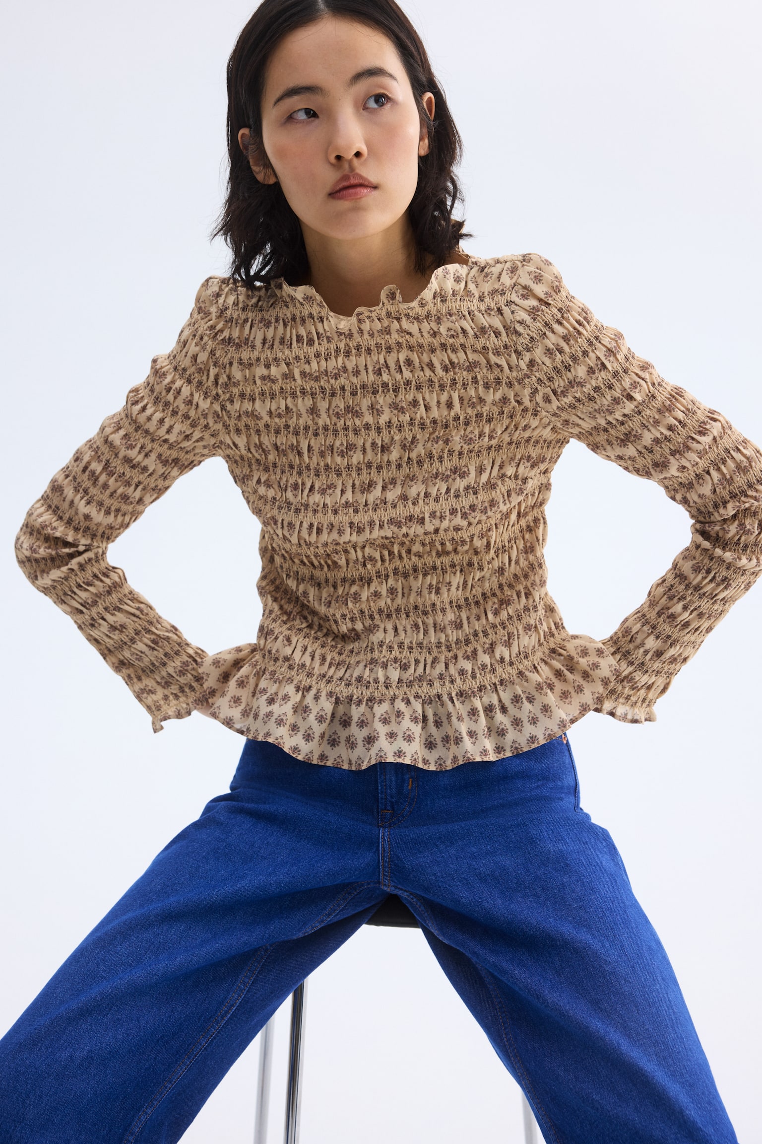 Smocked top - Beige/Floral/Rust brown/Beige/Leopard print - 1