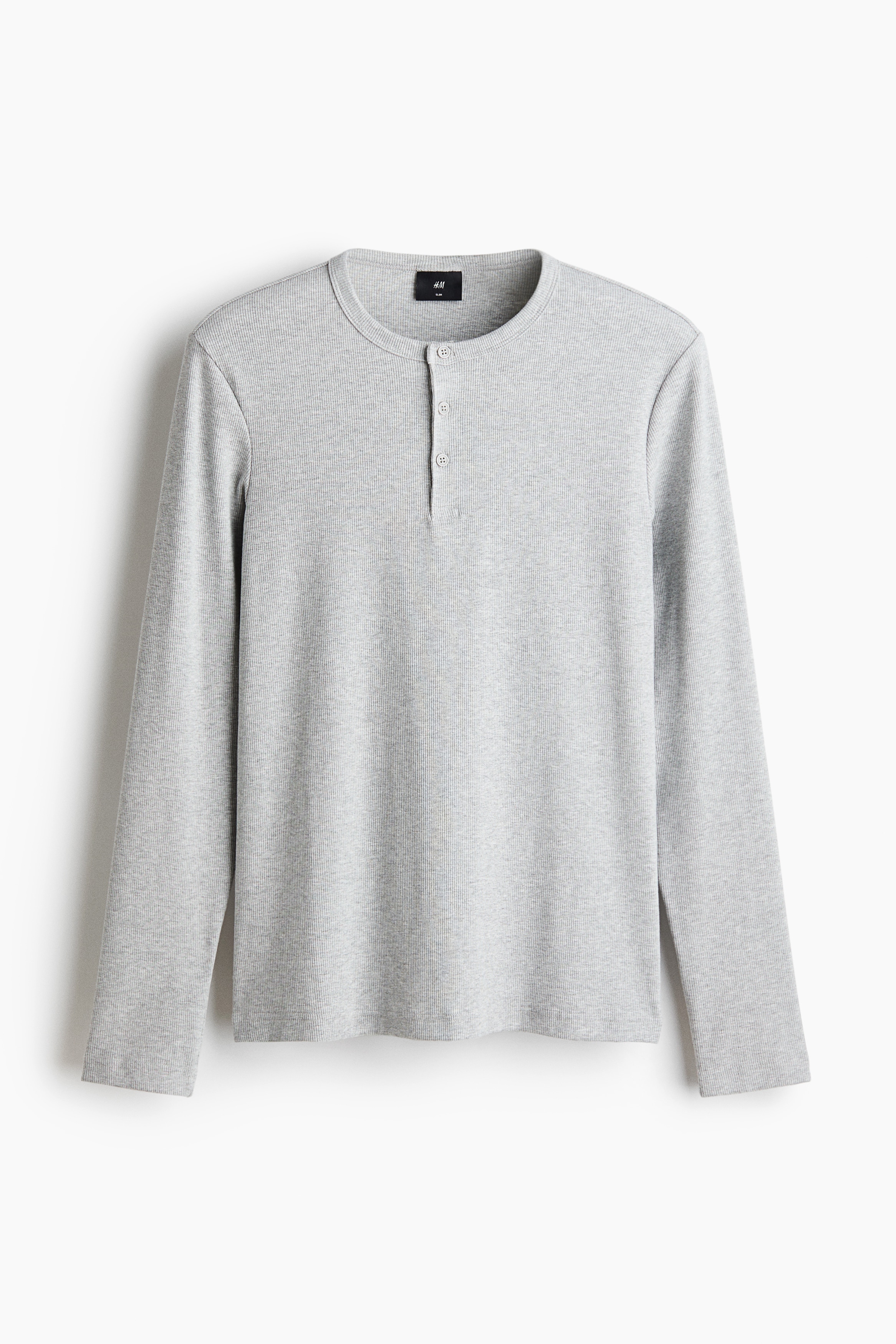 Slim Fit Ribbed cotton Henley top - Light grey marl/White/Black