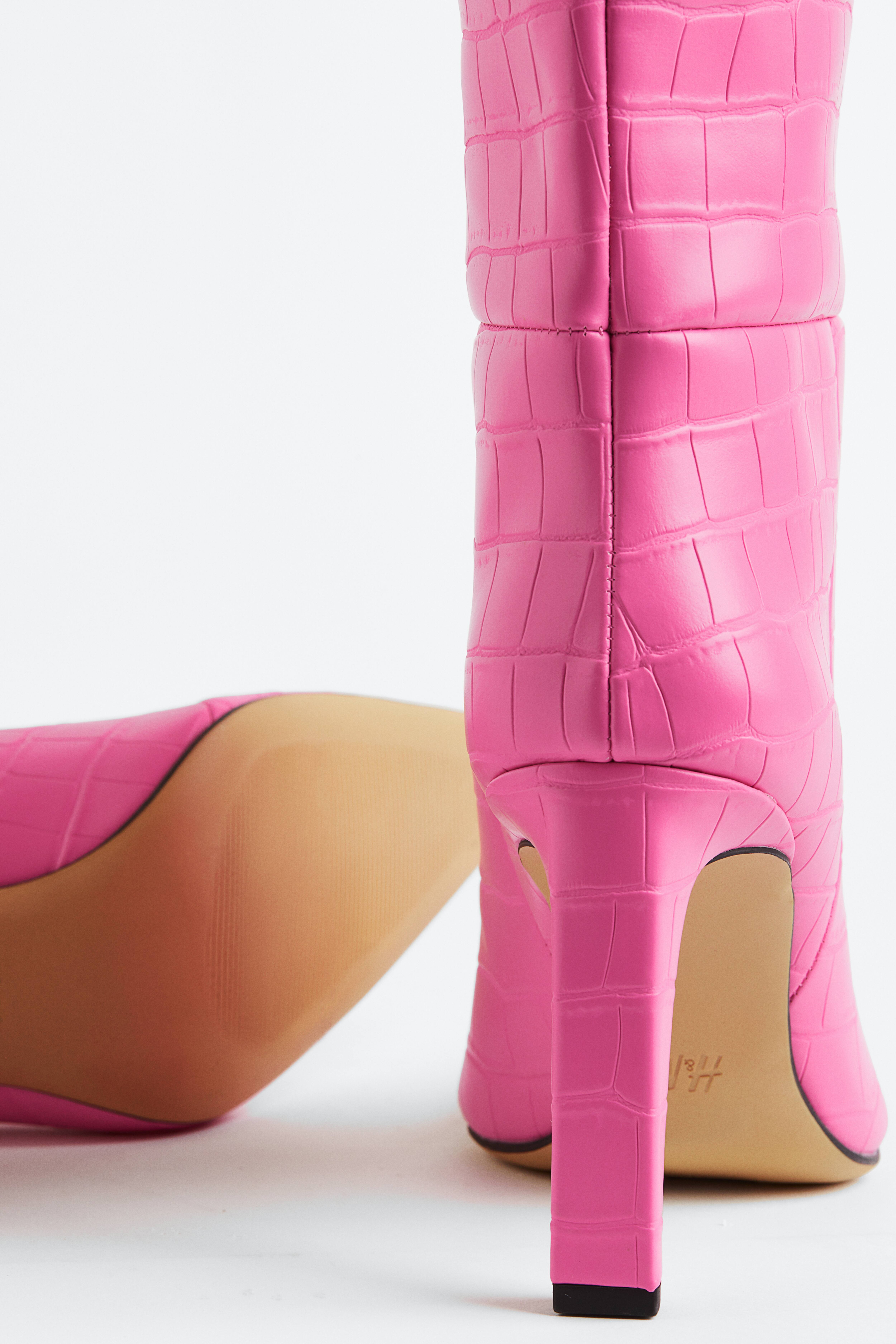 Pink fashion knee high heel boots