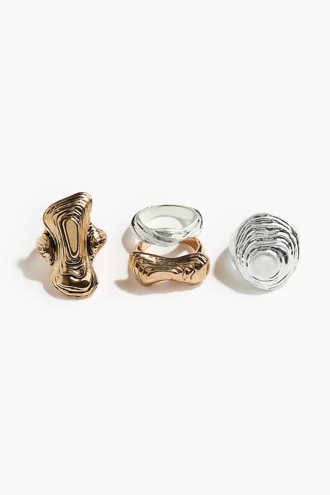 Set van 4 geribbelde ringen - Goudkleurig/zilverkleurig - 1