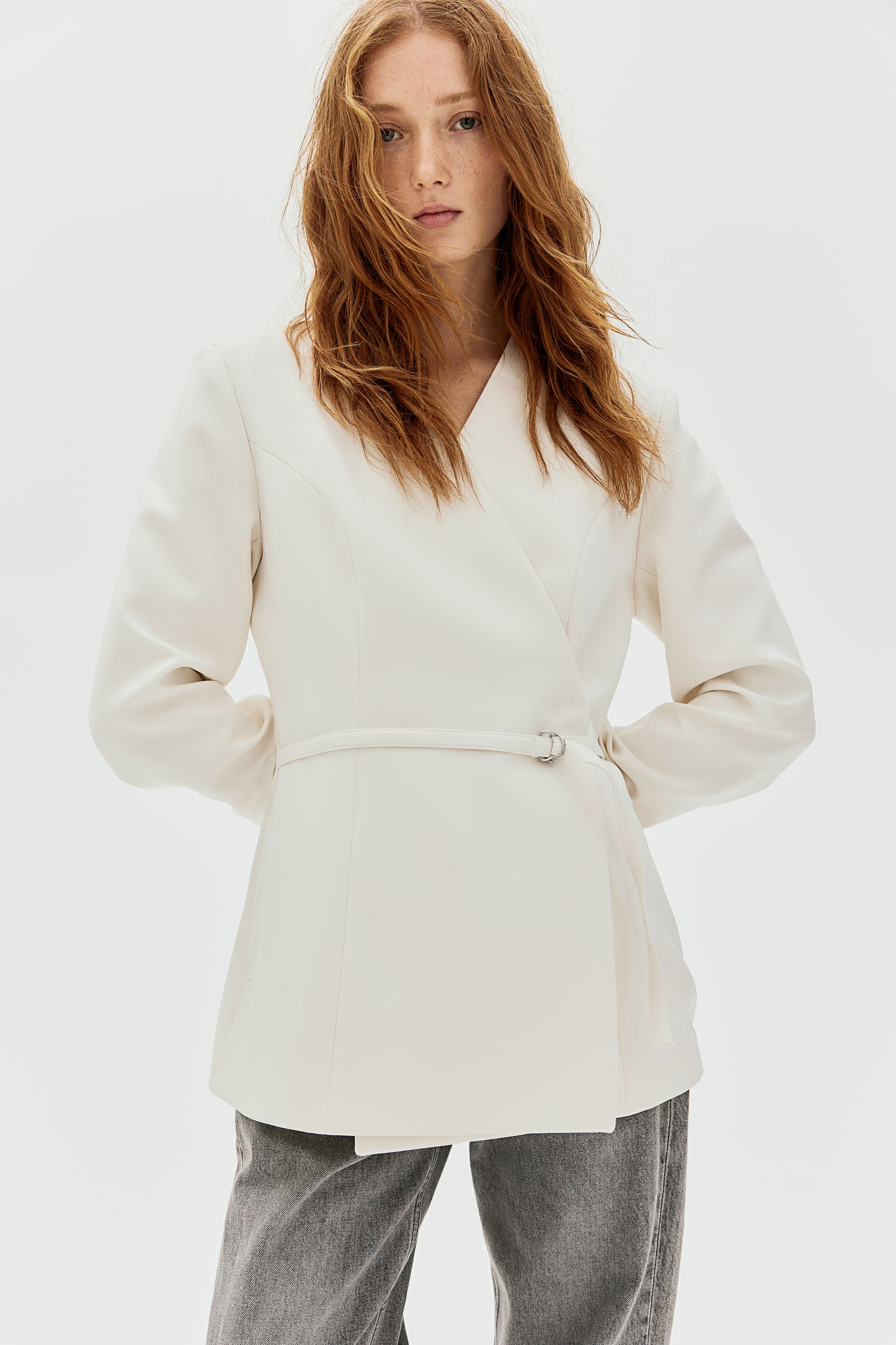 Belted Wrap Front Jacket Cream Ladies H M US