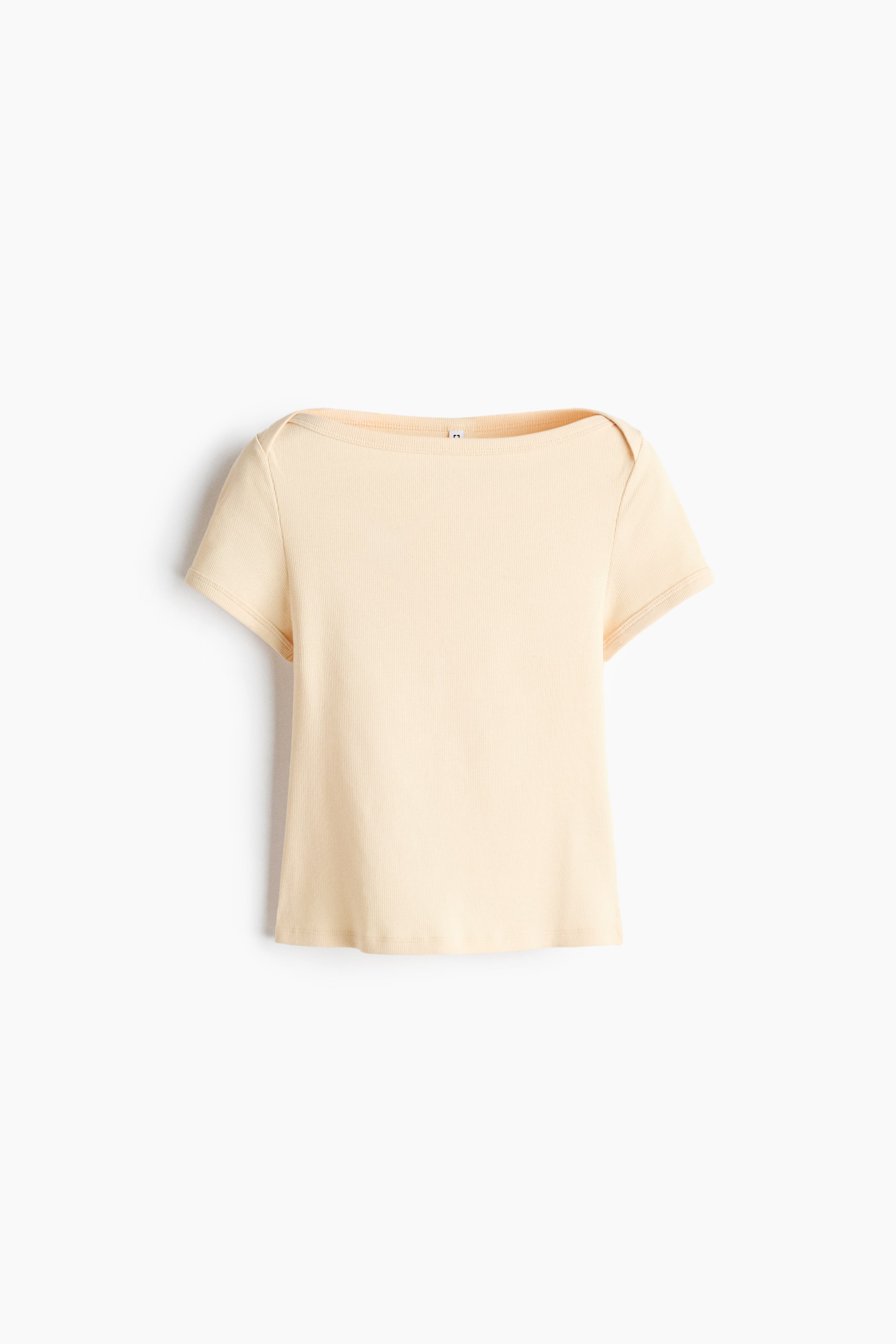 Xem ảnh lớn hơn: Áo dệt kim gân mịn màu vàng nhạt được trình bày ở MẶT TRƯỚC, nổi bật với cổ thuyền và tay ngắn.