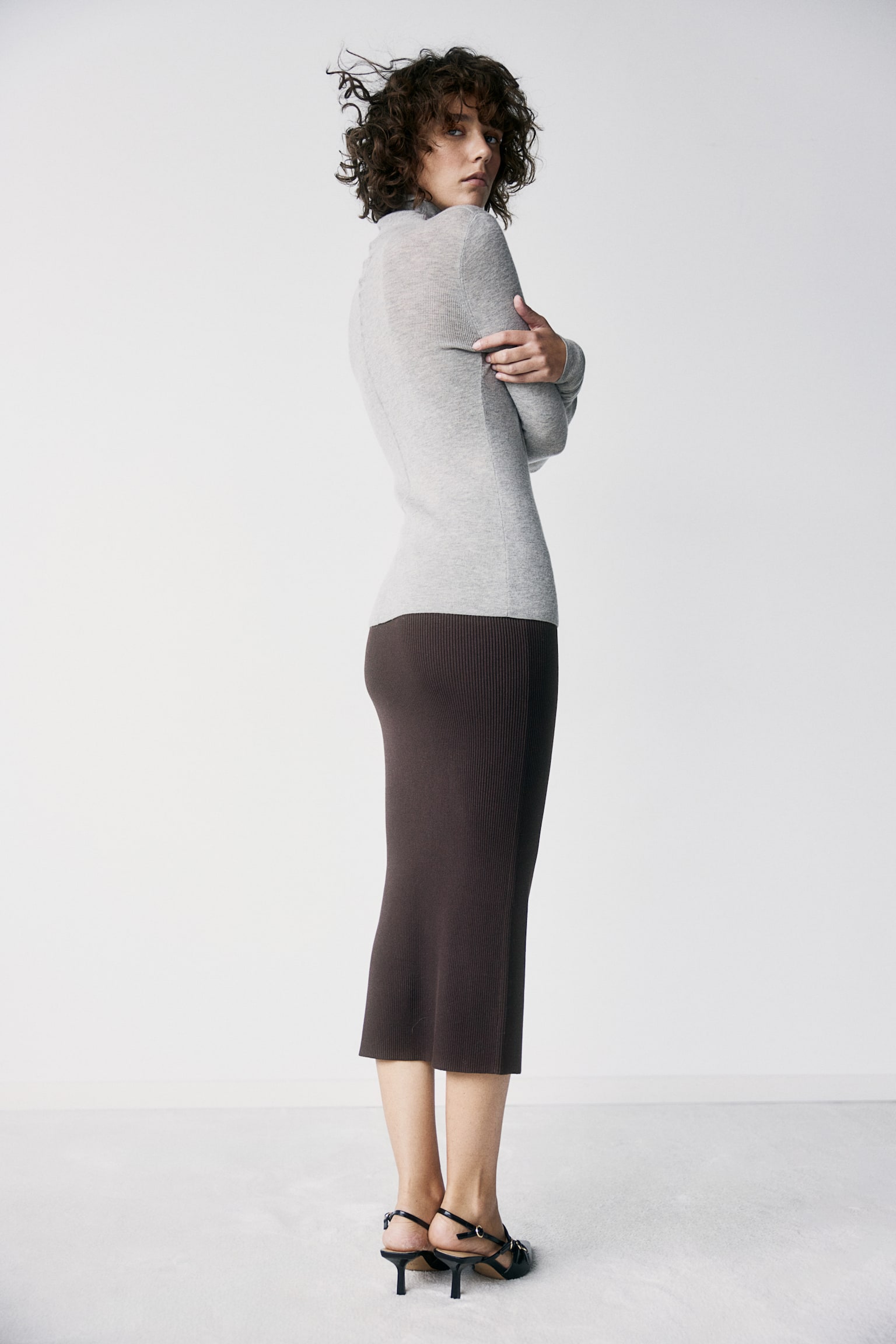 Rib-knit pencil skirt - Dark brown/Red - 4