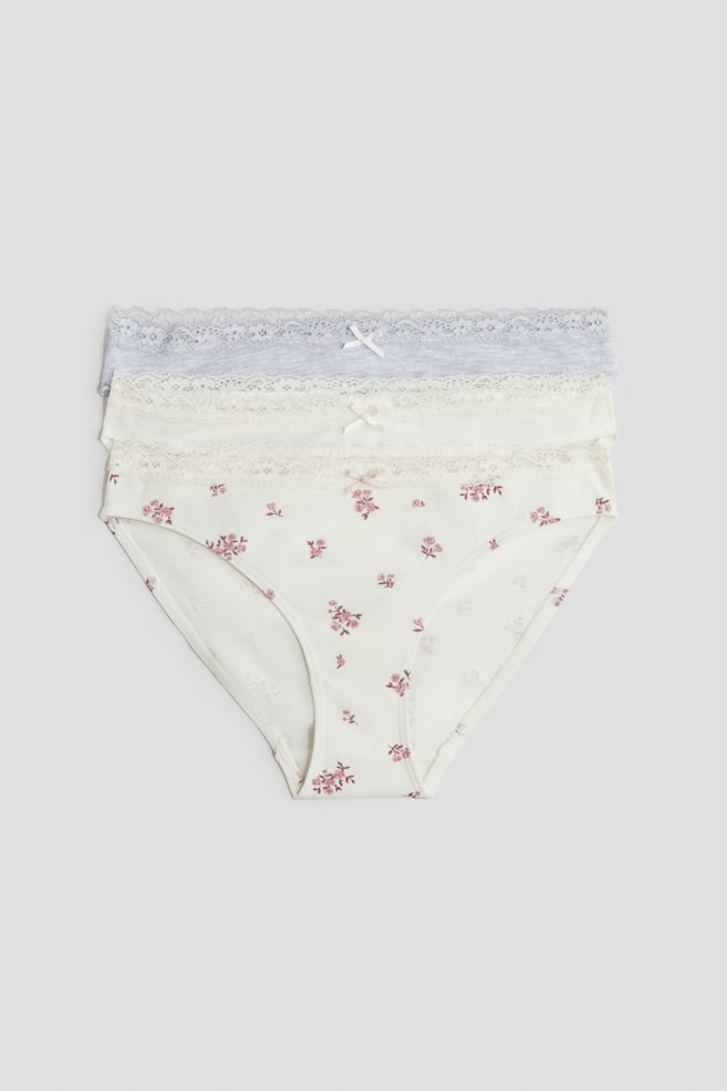 Pack de 3 bragas de algodón - Blanco/Gris jaspeado/Floral/Rosa claro/Flores/Rosa claro/Lazos - 1