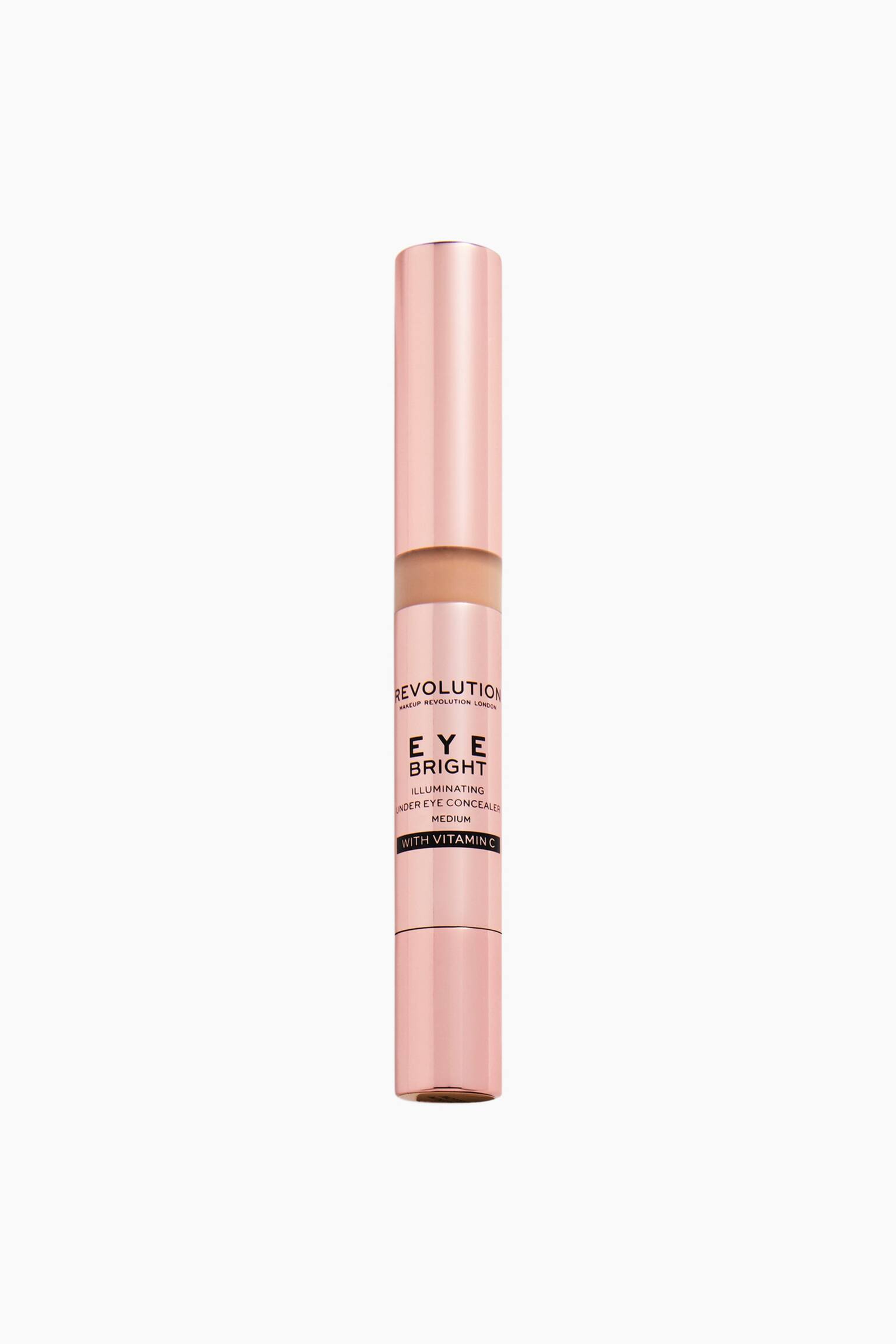 Der Eye Bright Concealer steht aufrecht und verfÃ¼gt Ã¼ber ein elegantes, zylindrisches rosÃ©goldenes Metallic-GehÃ¤use mit einem transparenten Sichtfenster nahe der Oberseite, durch das der Concealer in einem mittleren Beigeton zu sehen ist. Der untere Teil des GehÃ¤uses zeigt den schwarzen Markenschriftzug und Produktdetails, einschlieÃlich eines schwarzen Bandes mit der Aufschrift âWITH VITAMIN C.â - 1