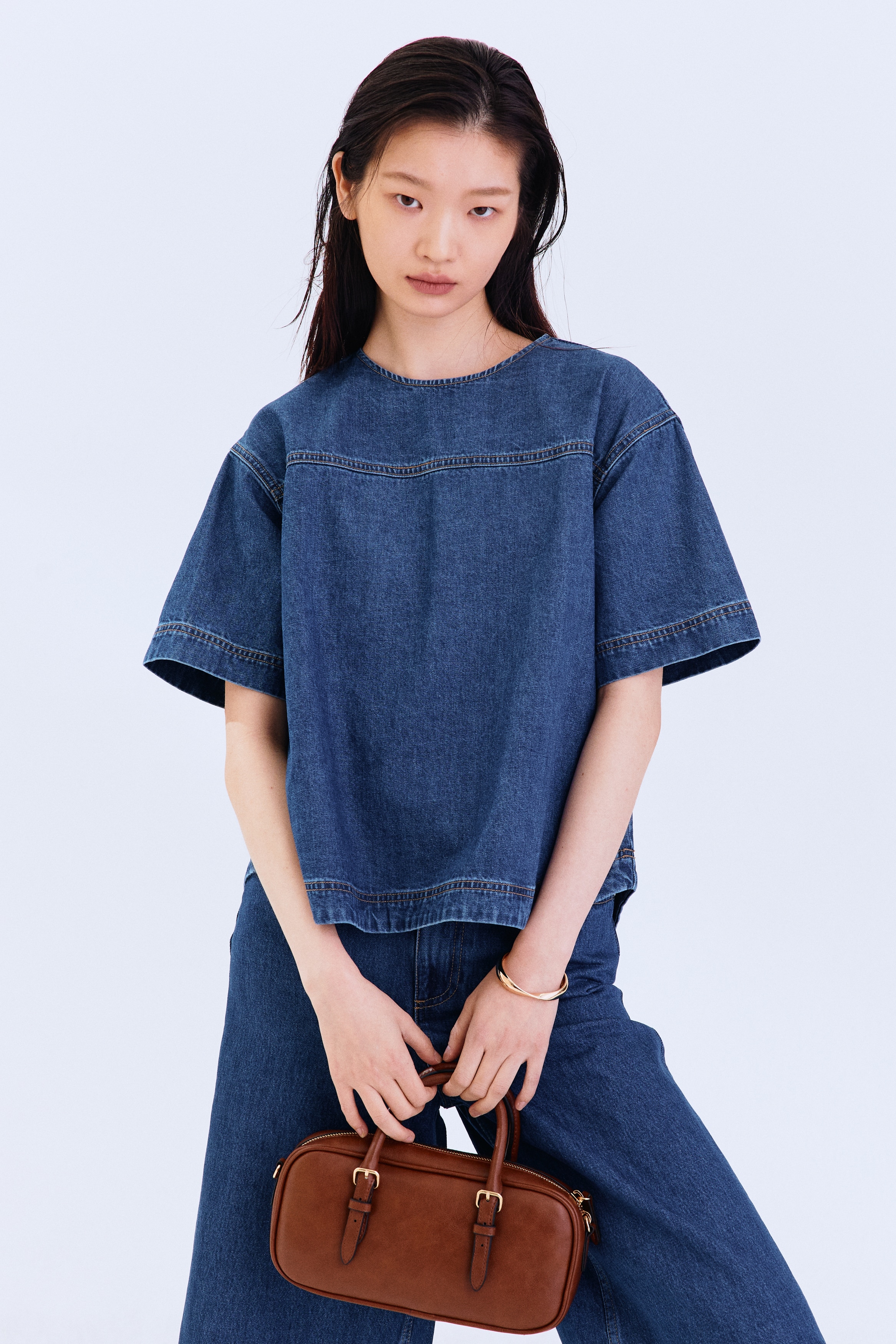 Short-Sleeved Denim Top - Dark denim blue/Denim blue