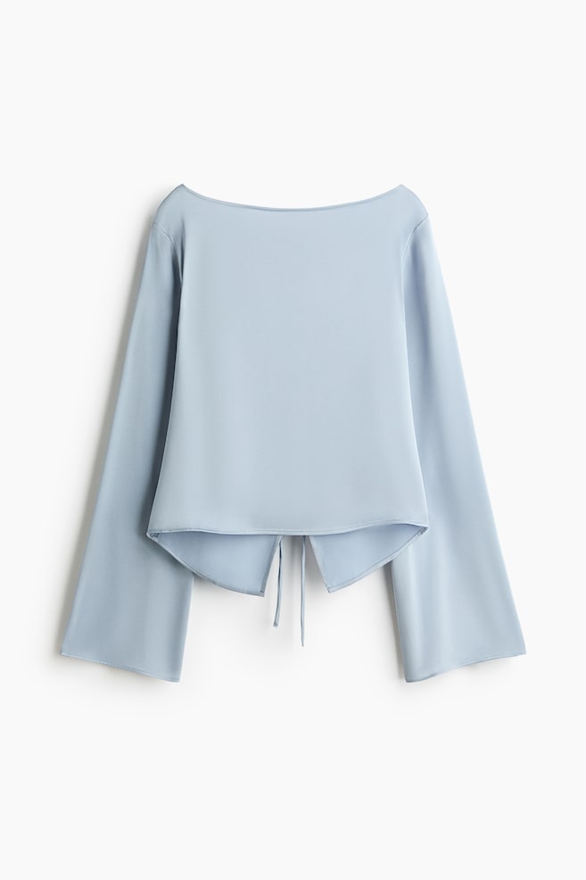 Tie-Back Boat-Neck Blouse - Light dusty blue/Cream - 1