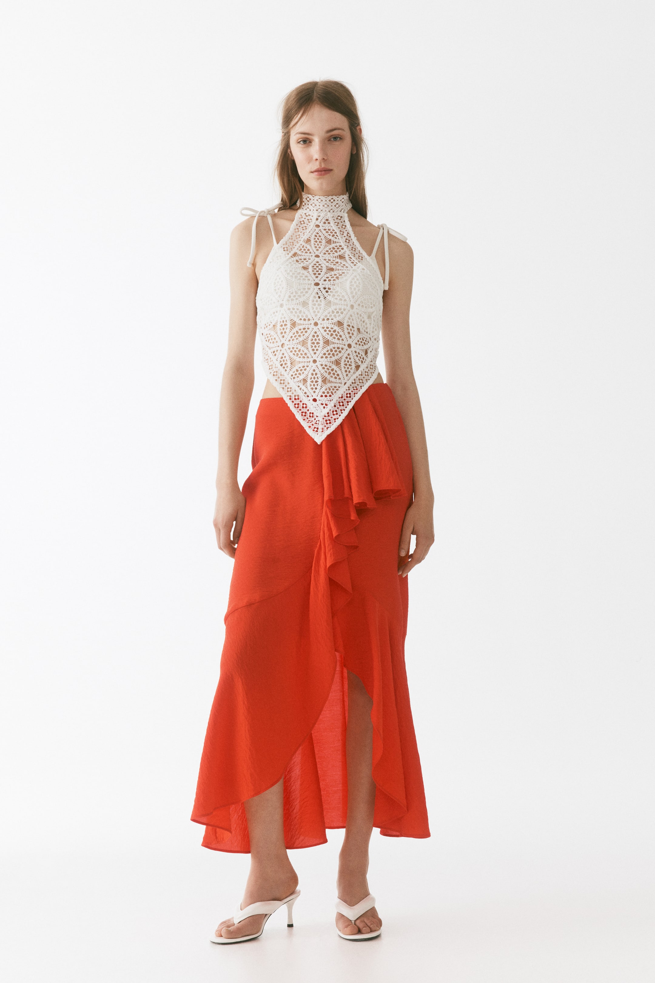 View larger image: Flounce-trimmed viscose-blend skirt - Bright red - Ladies | H&M 1