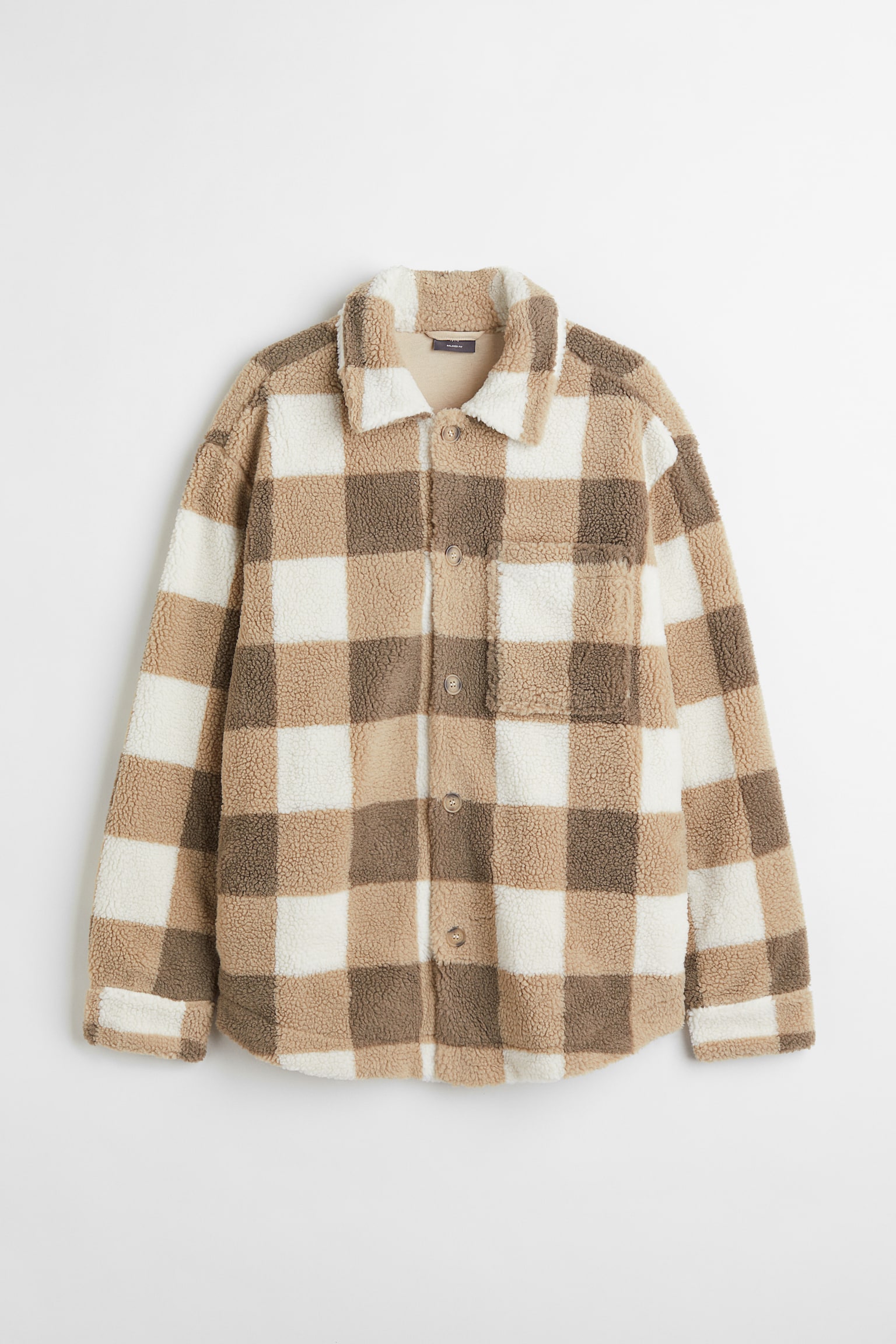 Relaxed Fit Faux Sheepskin Jacket - White/Beige check - 1