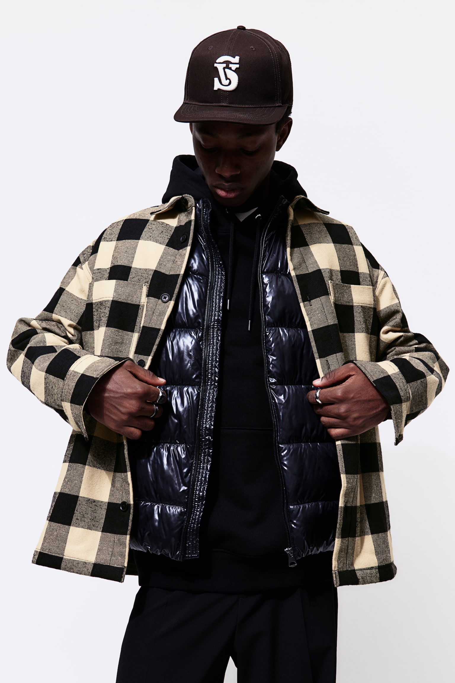 Loose Fit Padded Overshirt - Beige/Black check - 6