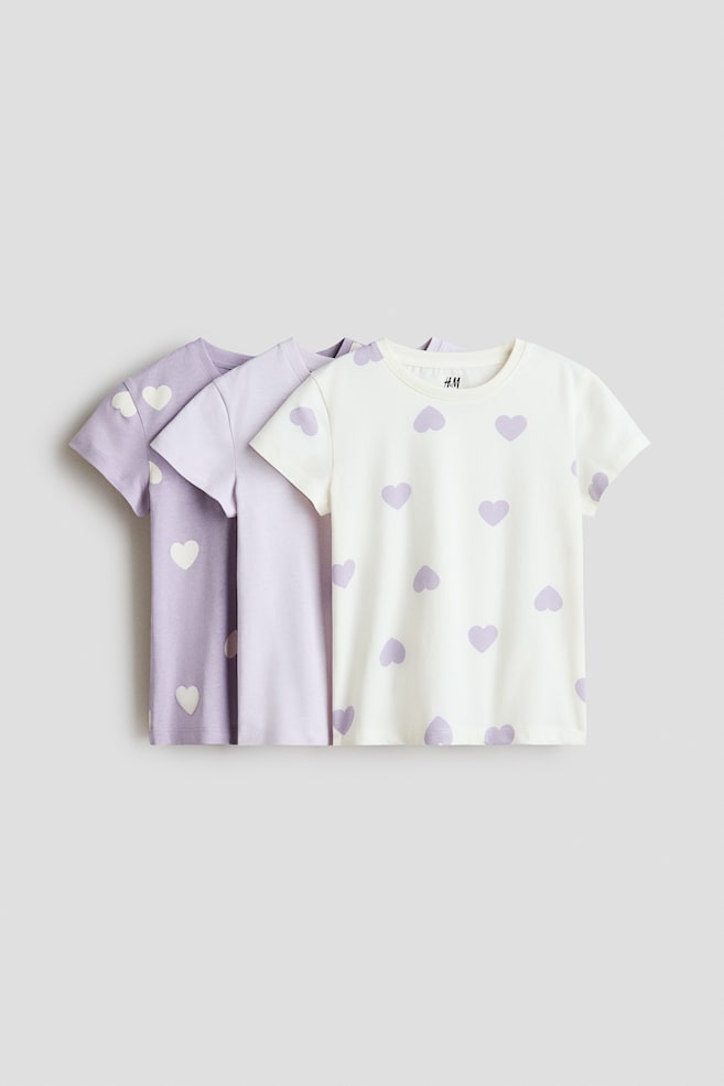Lot de 3 T-shirts - Blanc/cœurs lilas/Rose clair/blanc/Blanc/cœurs/Rose ancien chiné/pois/Rose/cœurs/Rose clair/bleu clair/Violet ancien/cœurs/Violet clair/rose clair - 1