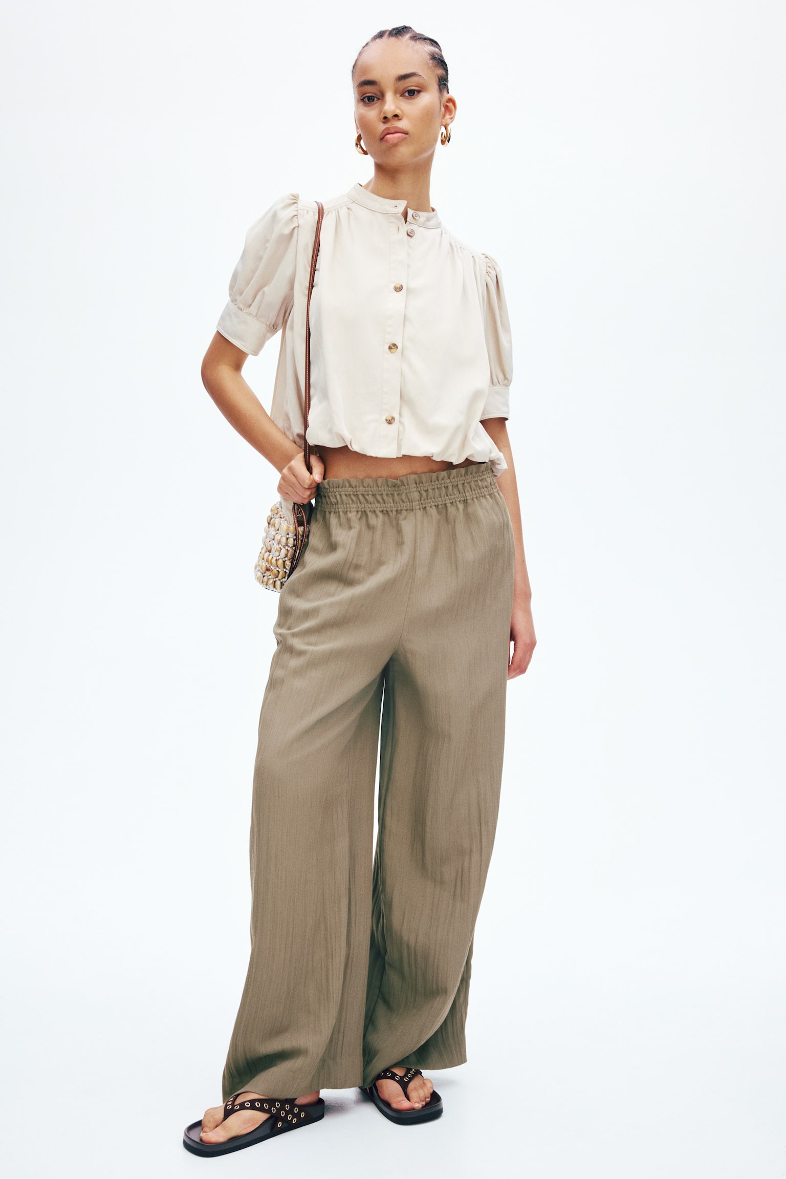 Wide frill-trimmed trousers-Olive green - 3
