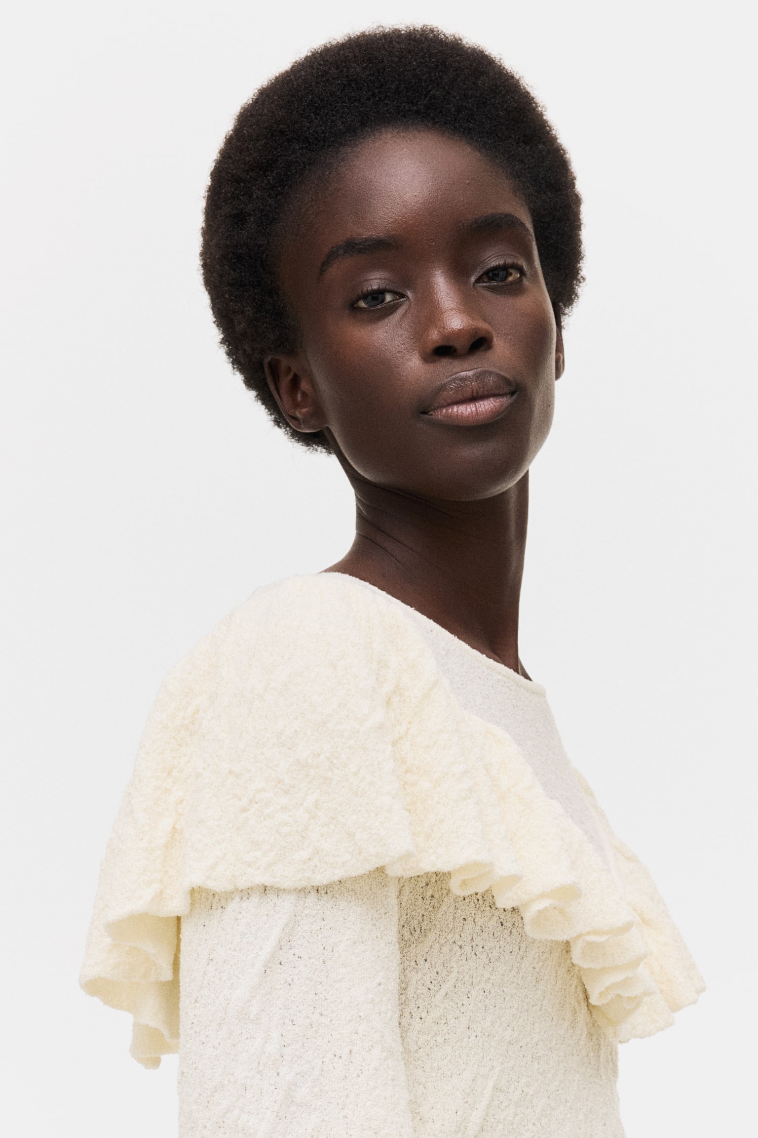 Textured-knit frill-trimmed top - Cream/Dark brown - 1