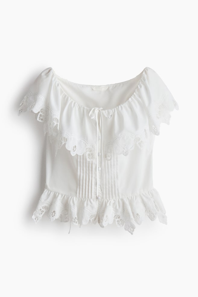 Flounced Eyelet-Embroidered Blouse - White - 1
