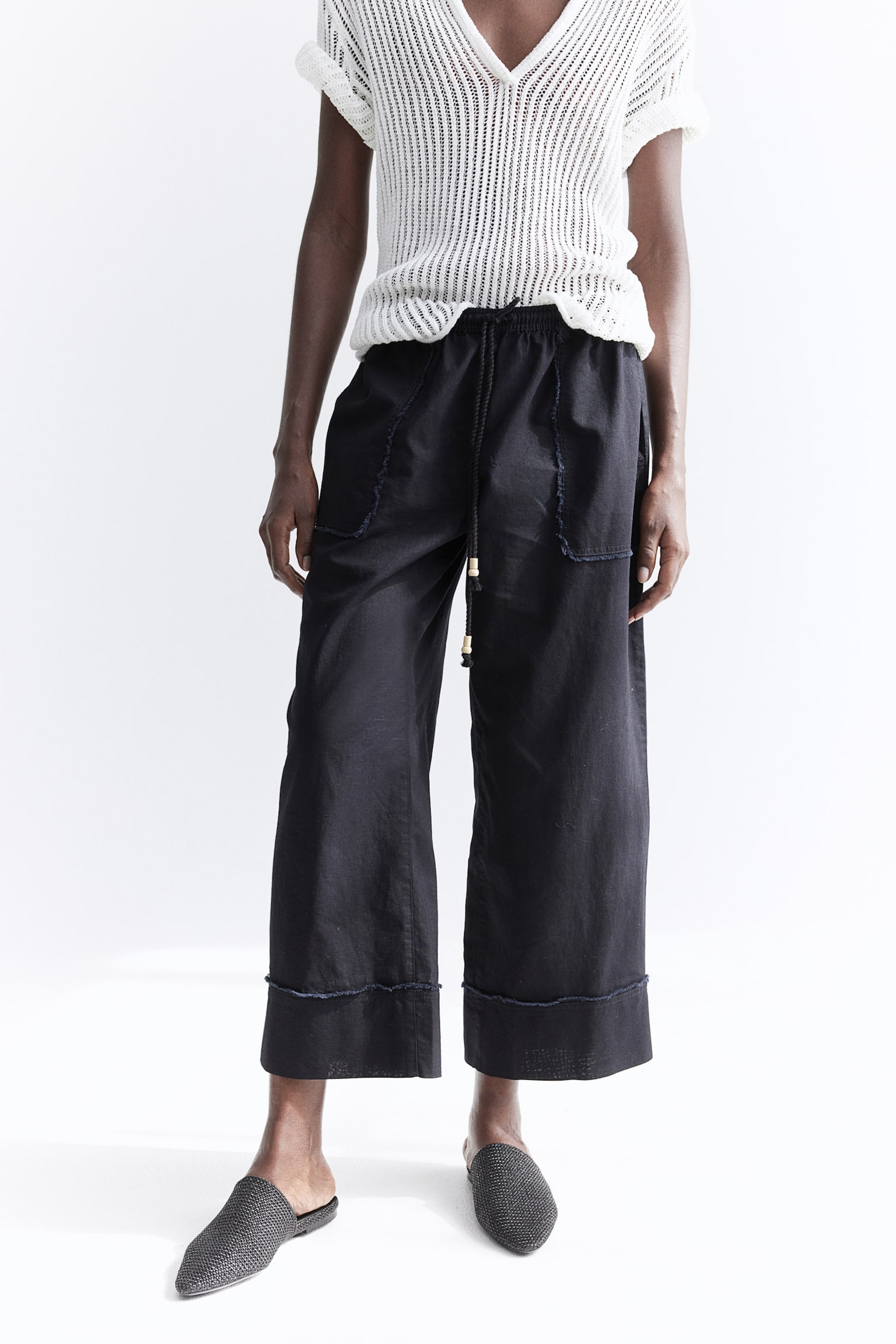 Wide Linen Blend Pants - Black - 3