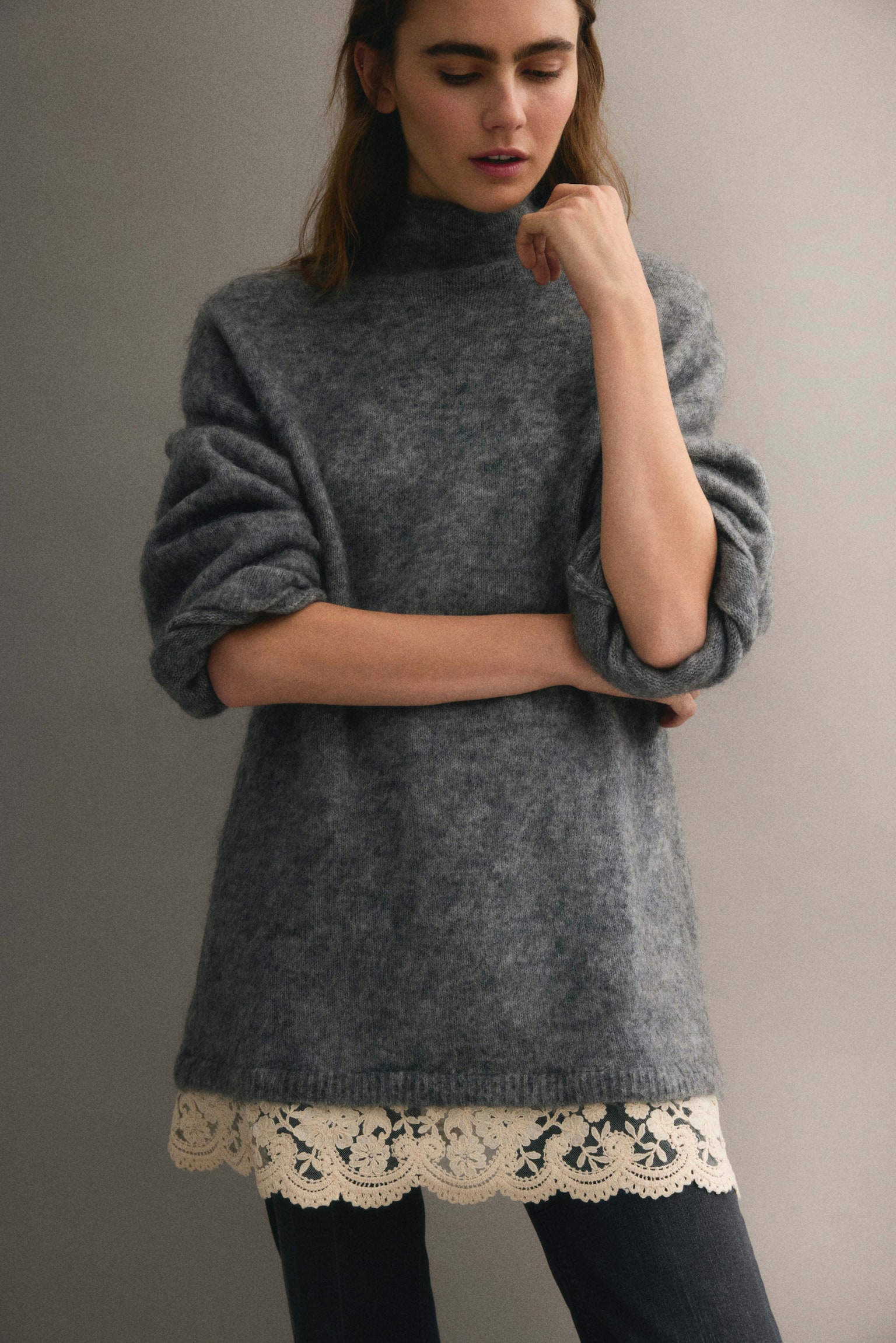 Lace-trimmed mohair-blend jumper - Grey marl/Dark brown - 3