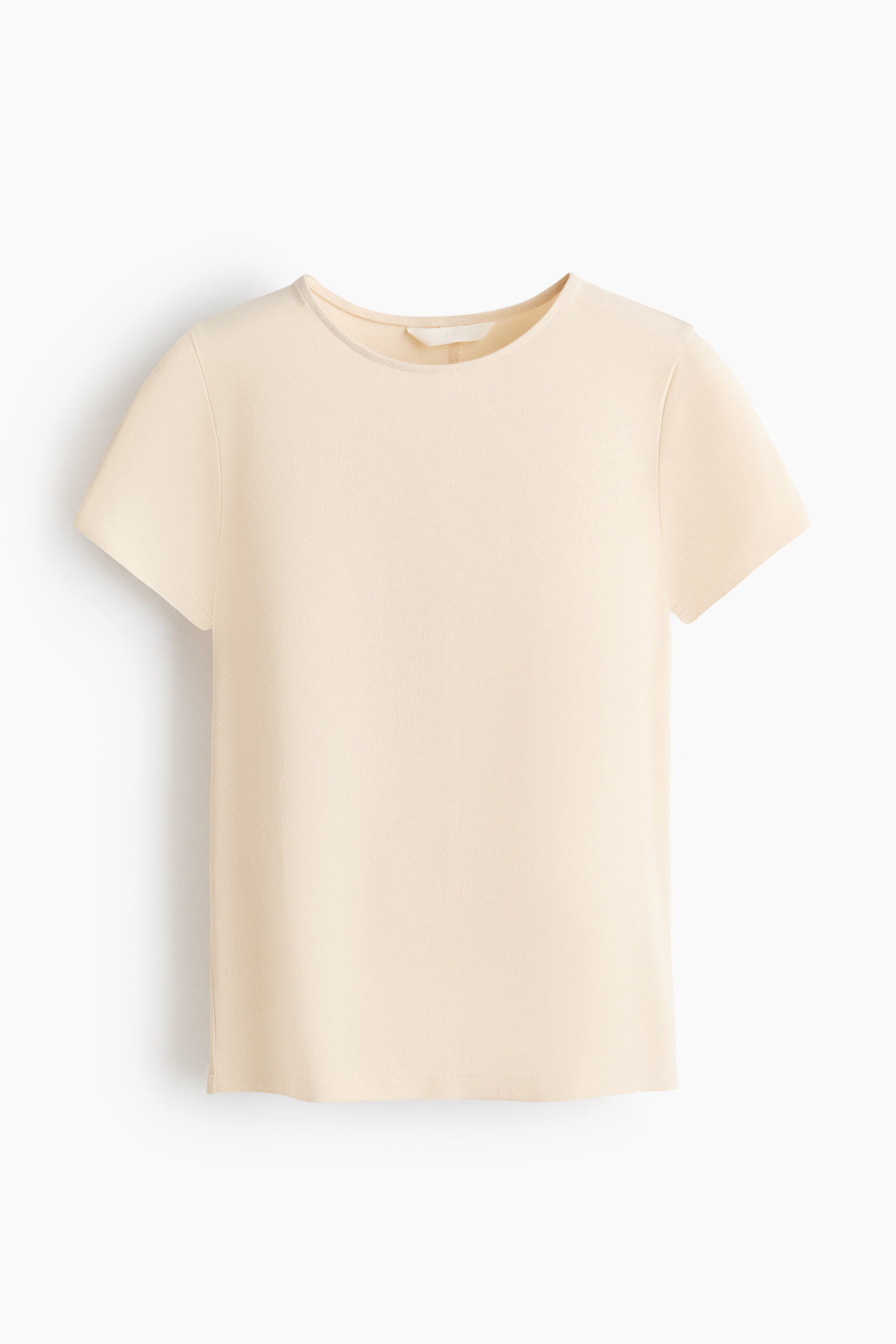 View larger image: The light beige t-shirt is shown from the front, highlighting a crew neck, short sleeves, and a straight hem.