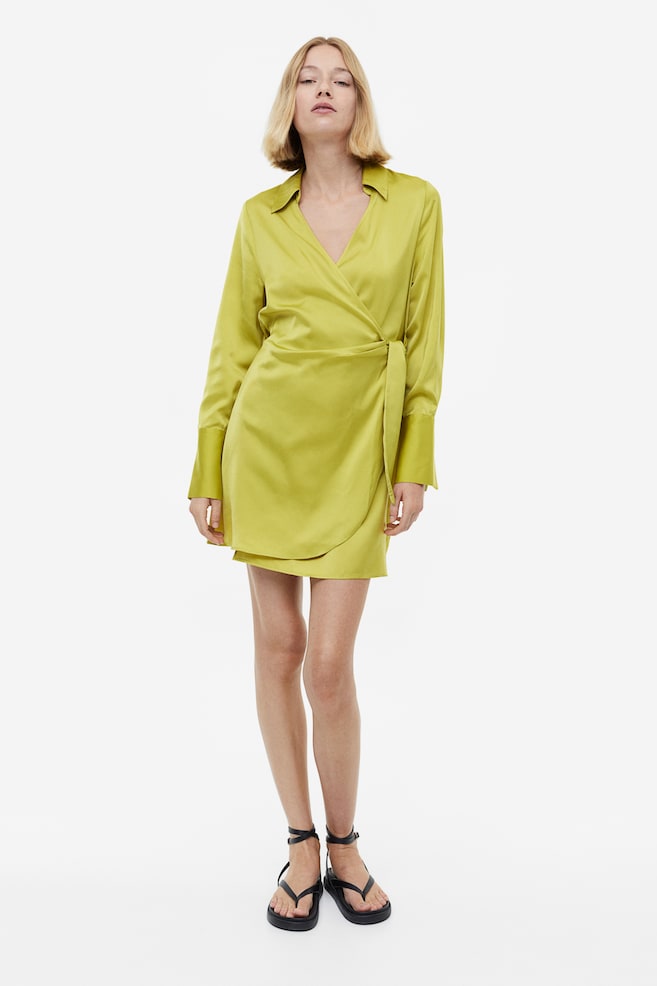 Satin wrap dress - Yellow-green/Dark green/Patterned - 3