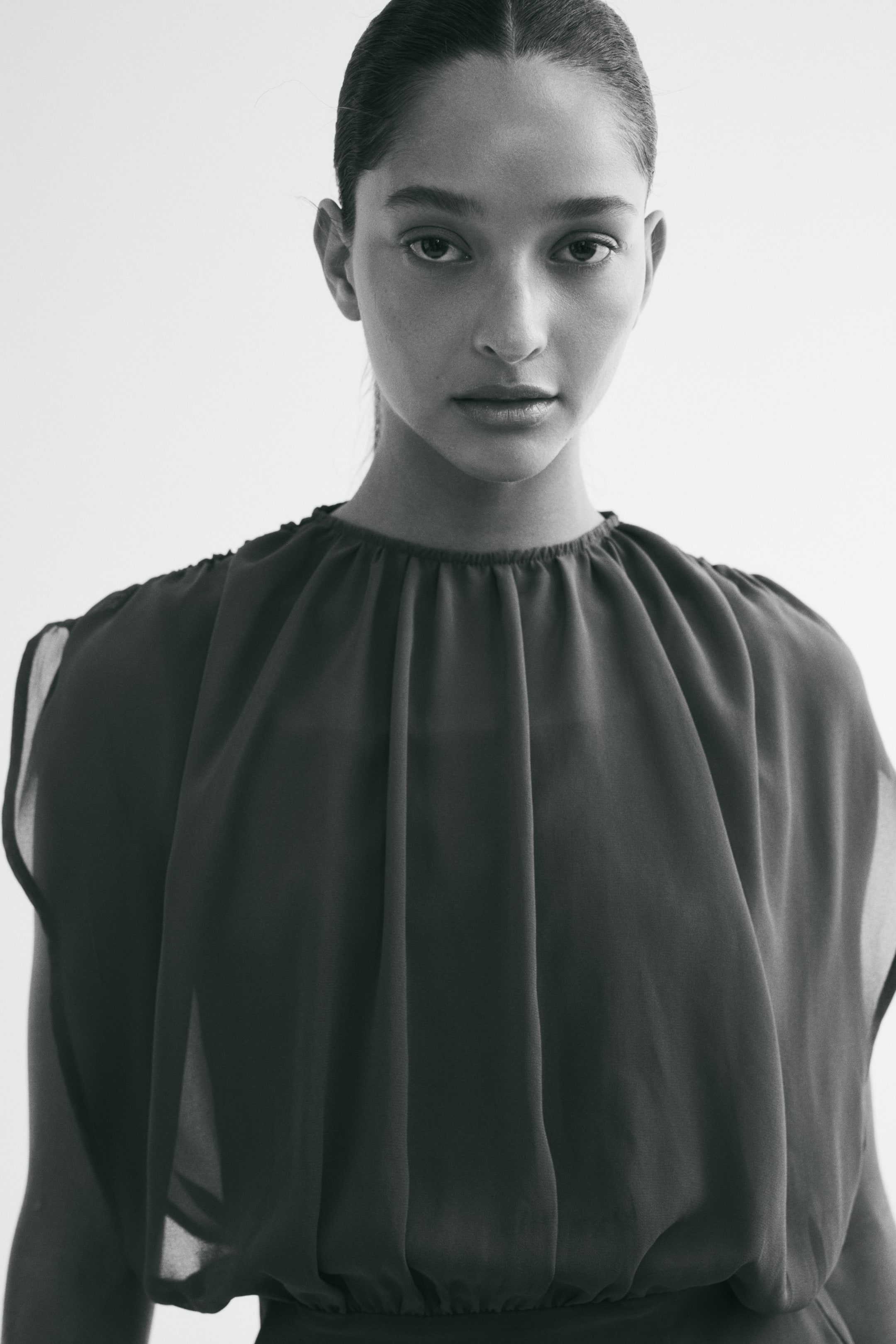 Dual-Fabric Draped Dress