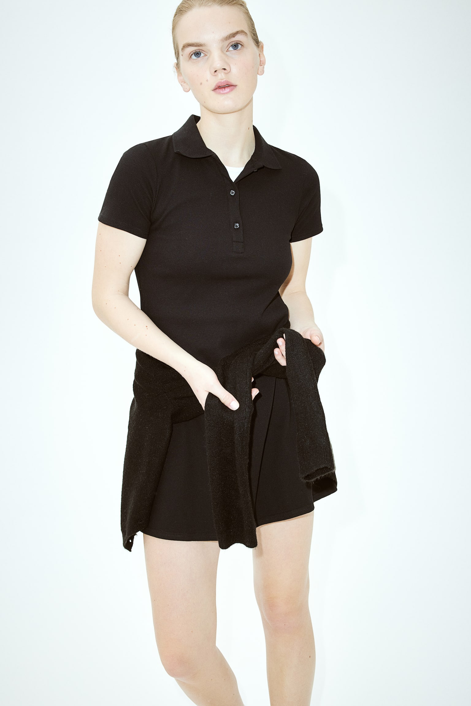 Collared ribbed dress - Black/Cream/Grey marl - 1