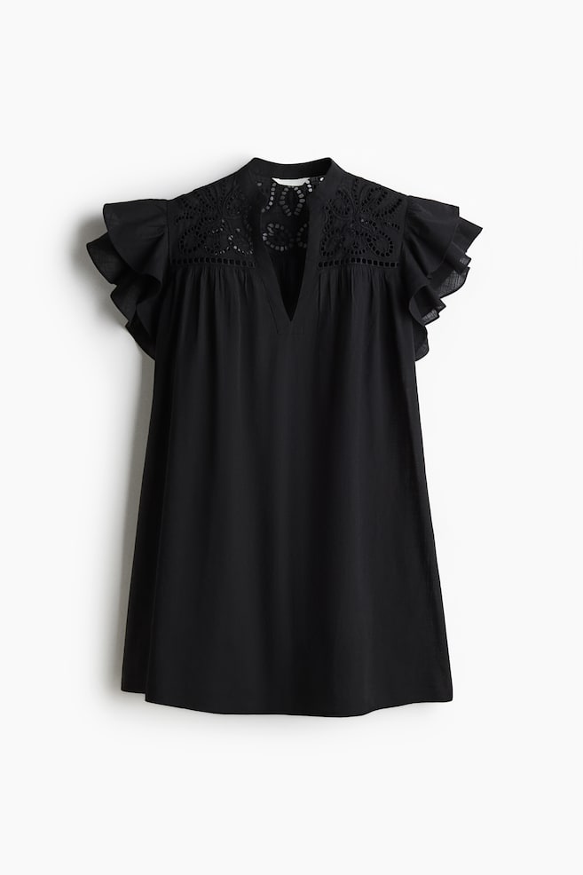Flutter-sleeve dress with broderie anglaise - Black/White - 1