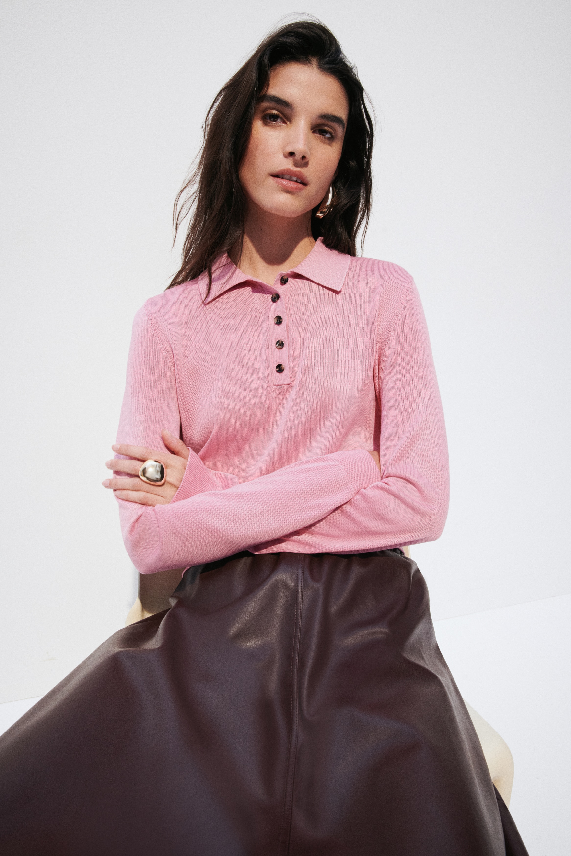 Fine Knit Polo Shirt-Pink