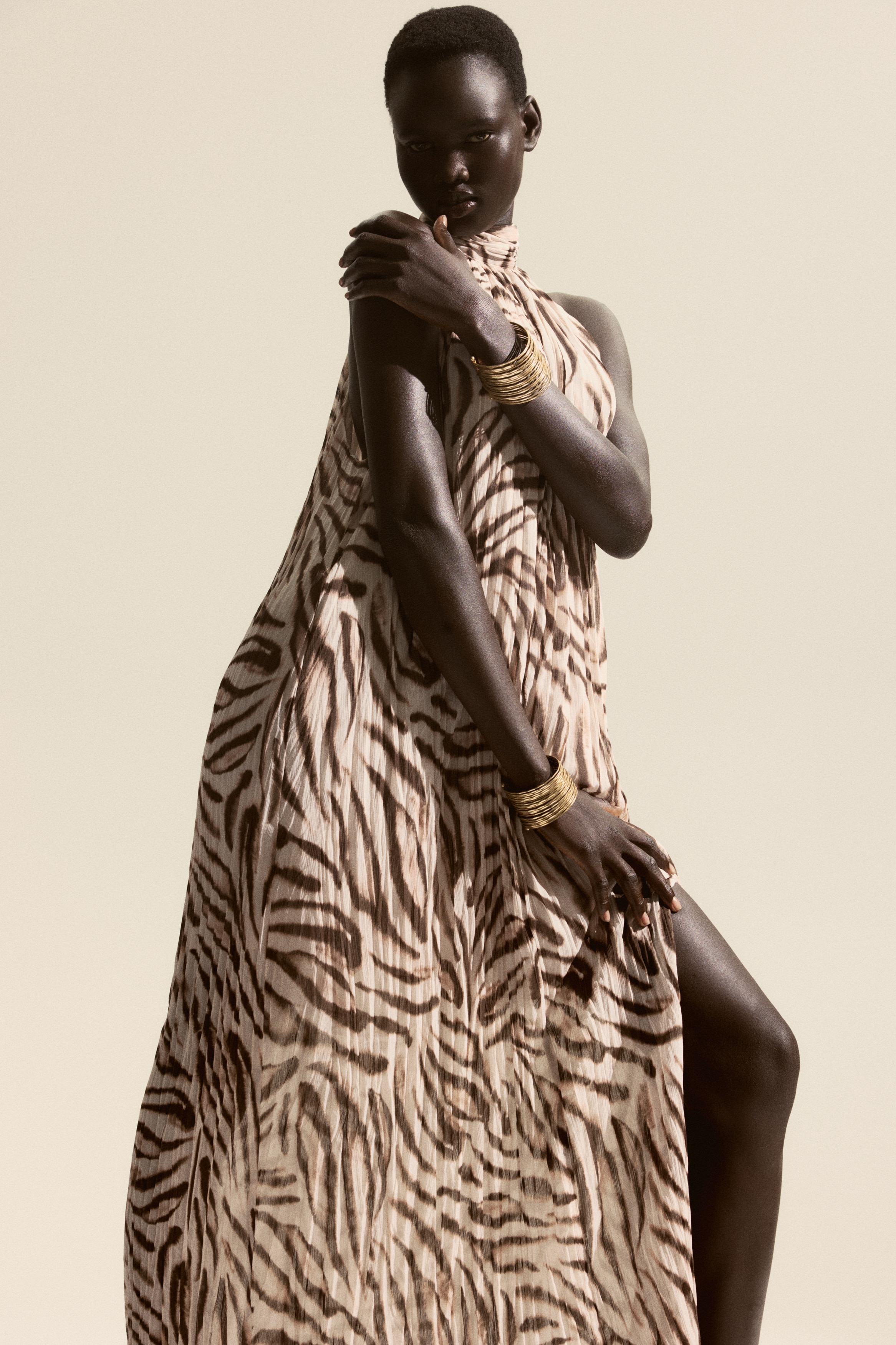 chinese dress ladies H&M Black Cream Zebra Animal Print V Neck Twist Long Sleeve Maxi Dress Size  L main image 0