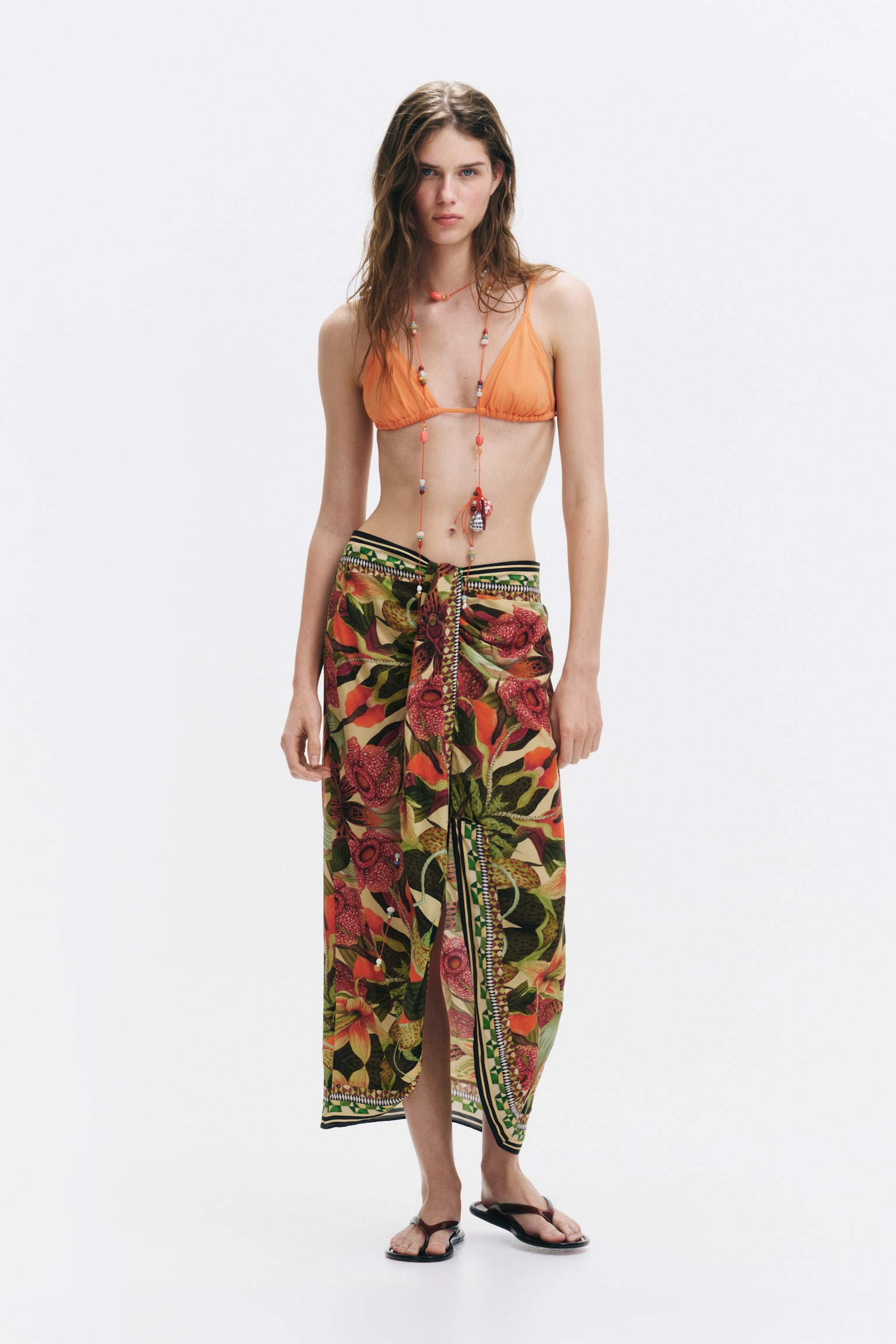 Draped-detail midi skirt - Bright orange/Floral - 1
