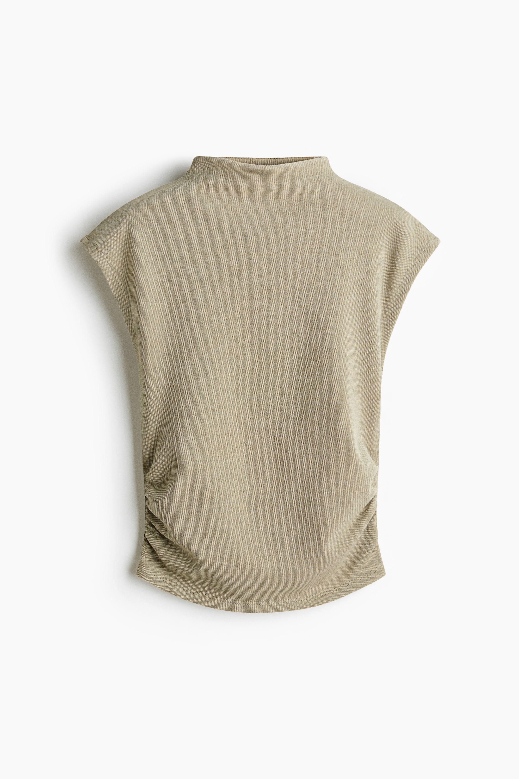 View larger image: A muted green knit top displays its FRONT, featuring a mock-neck, sleeveless design with extended shoulders. Ruched detailing accentuates both side seams, creating a curved hem.