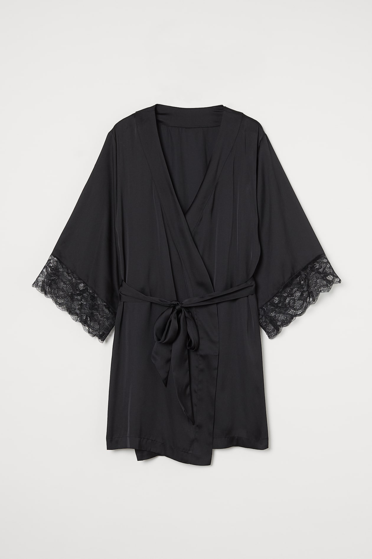 Satin and Lace Bathrobe - 3/4 sleeve - Short - Black - Ladies | H&M US