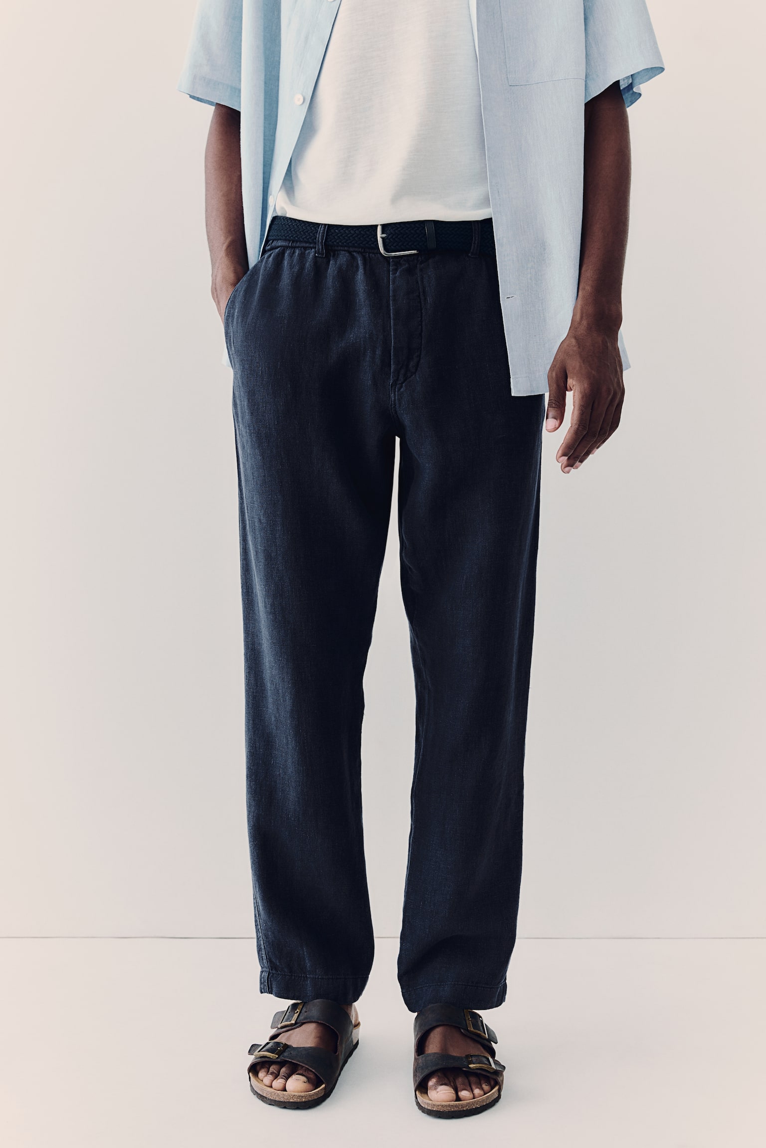 Regular Fit Linen trousers - Navy blue/Black/Light beige - 3