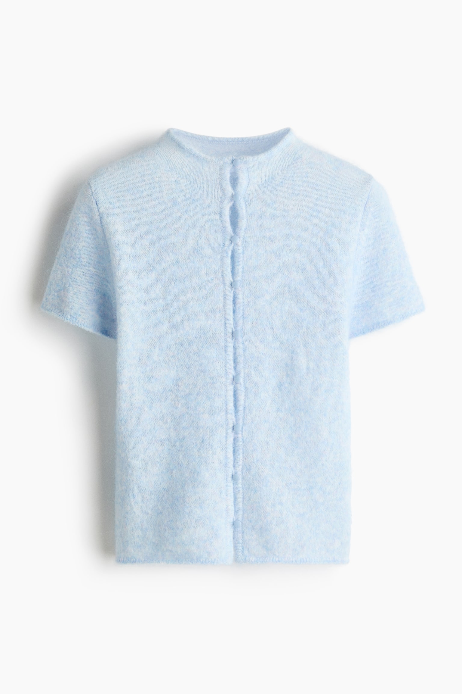 A heathered light blue short-sleeved cardigan showcasing a fuzzy knit texture and a crew neckline, featuring a front fastening with subtle, light blue buttons secured by fabric loops. - 1
