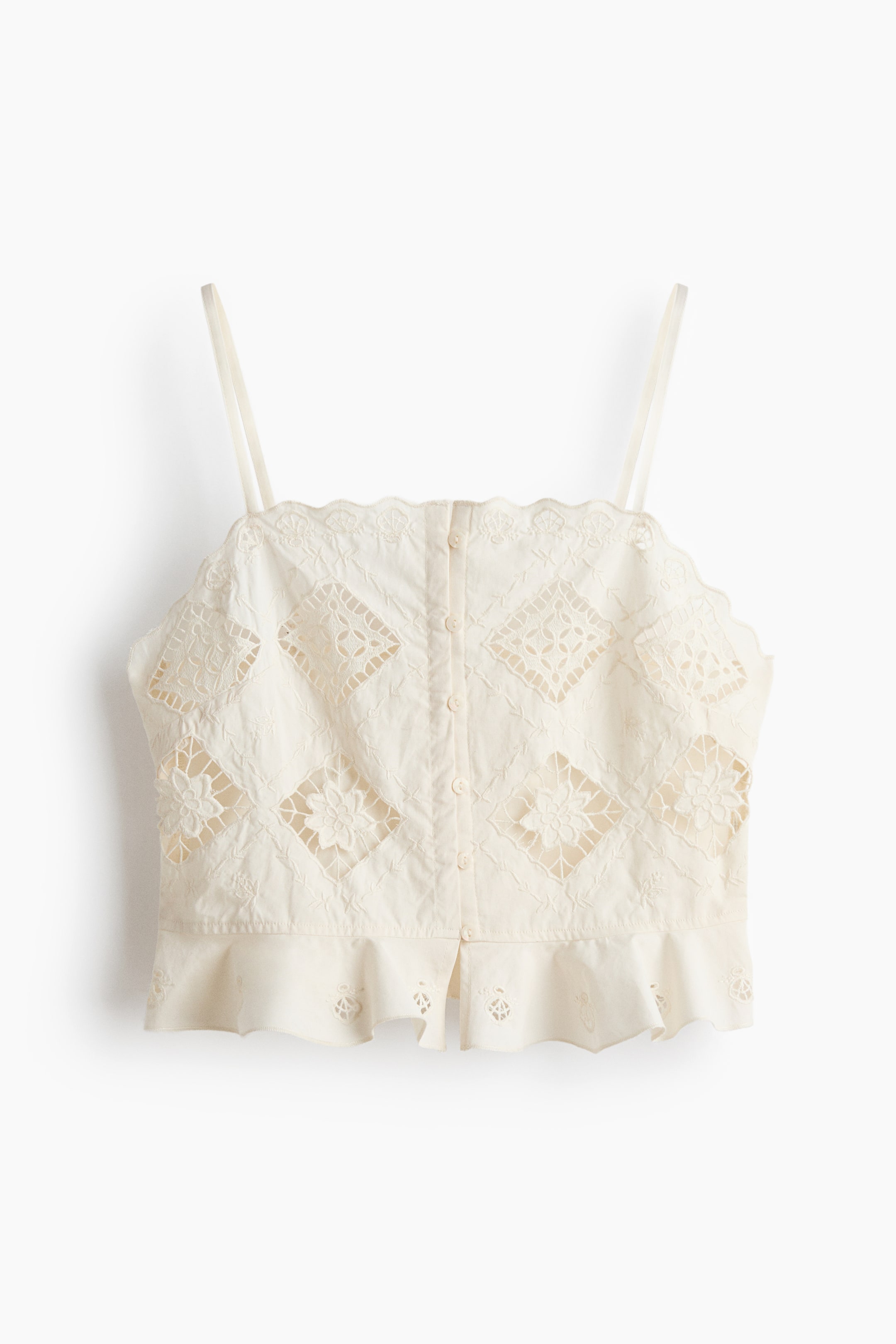 View larger image: A cream-coloured camisole top is displaying its front, featuring thin spaghetti straps, a scalloped top edge, and a row of small buttons running down the centre. The main body is showcasing square-shaped cut-out lace panels with floral motifs, while a ruffled flounce with eyelet embroidery details is forming the bottom hem.