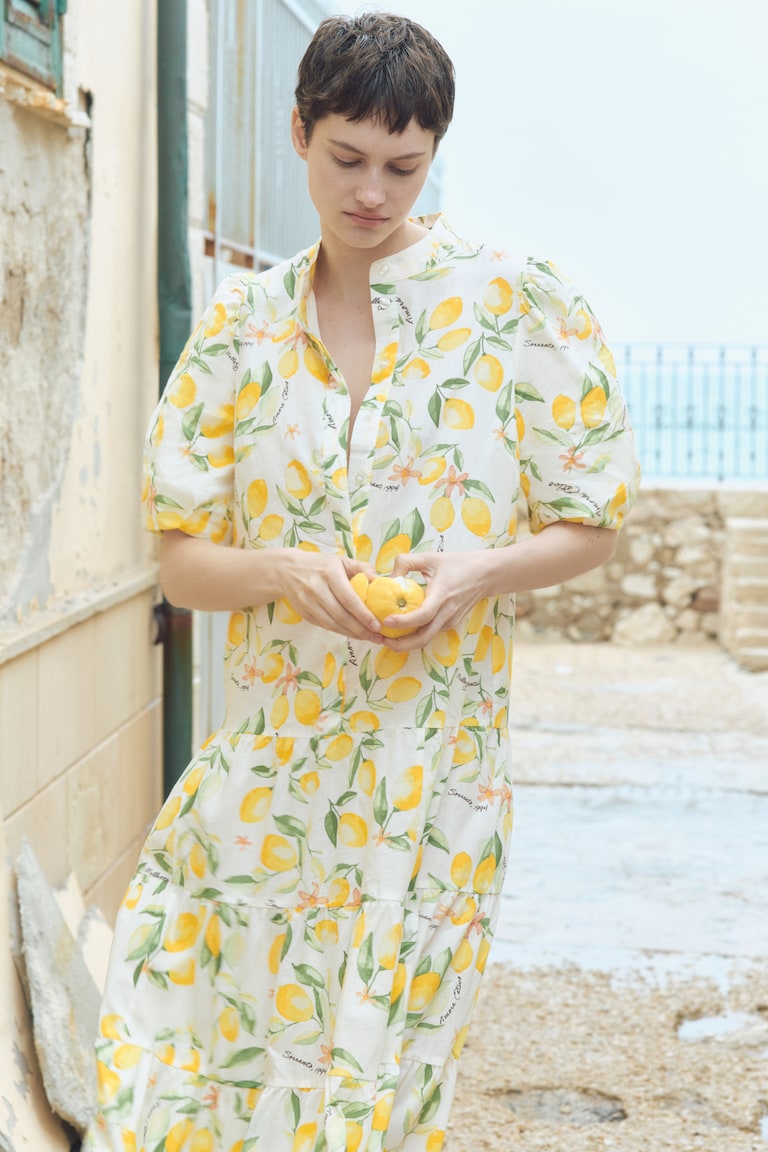 Lange katoenen jurk Wit/citroenen DAMES H&M NL