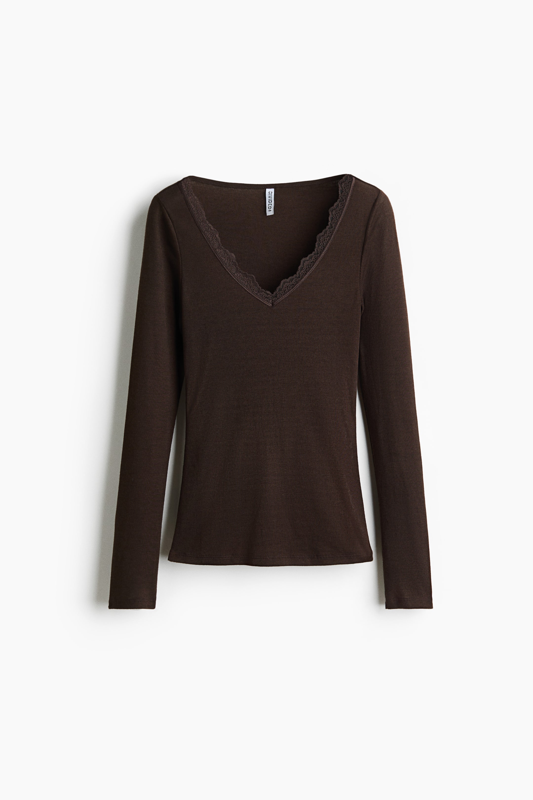 View larger image: A brown long-sleeved top is facing front, featuring a V-neckline with delicate lace trim.