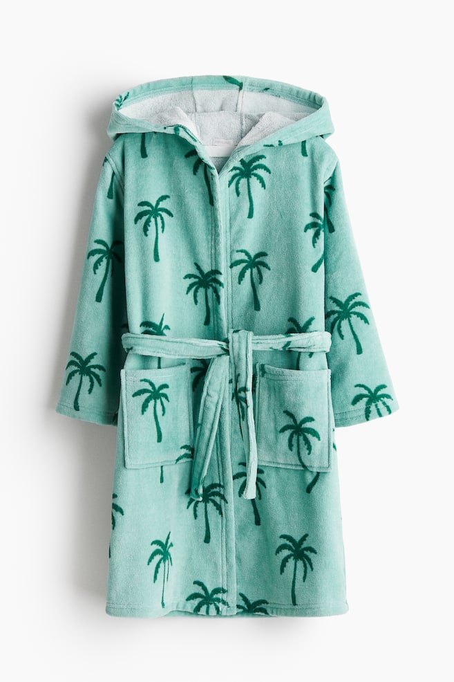 Cotton terry dressing gown - Turquoise/Palm trees - 1