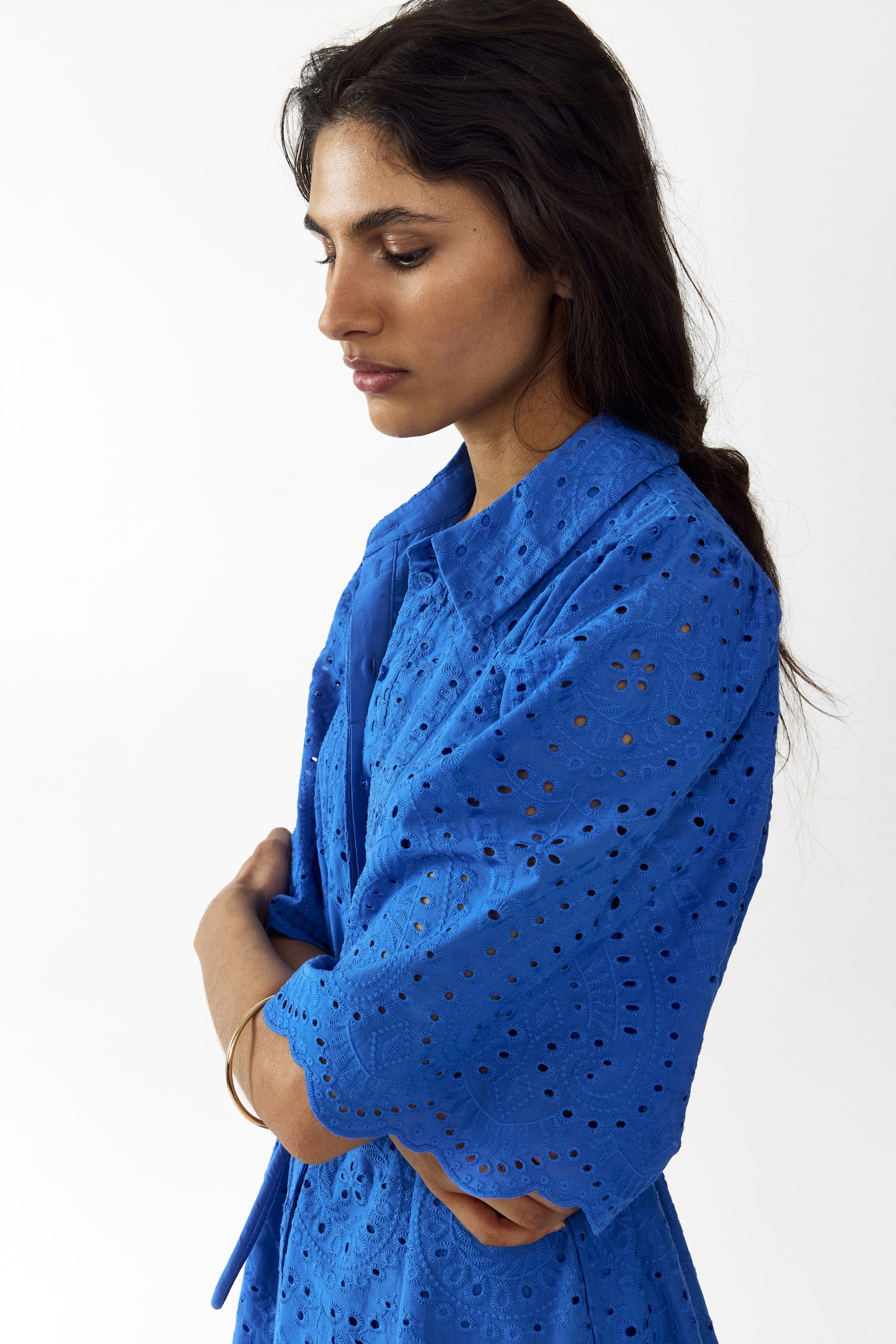 Broderie-anglaise cotton shirt dress - Bright blue/Navy blue - 4