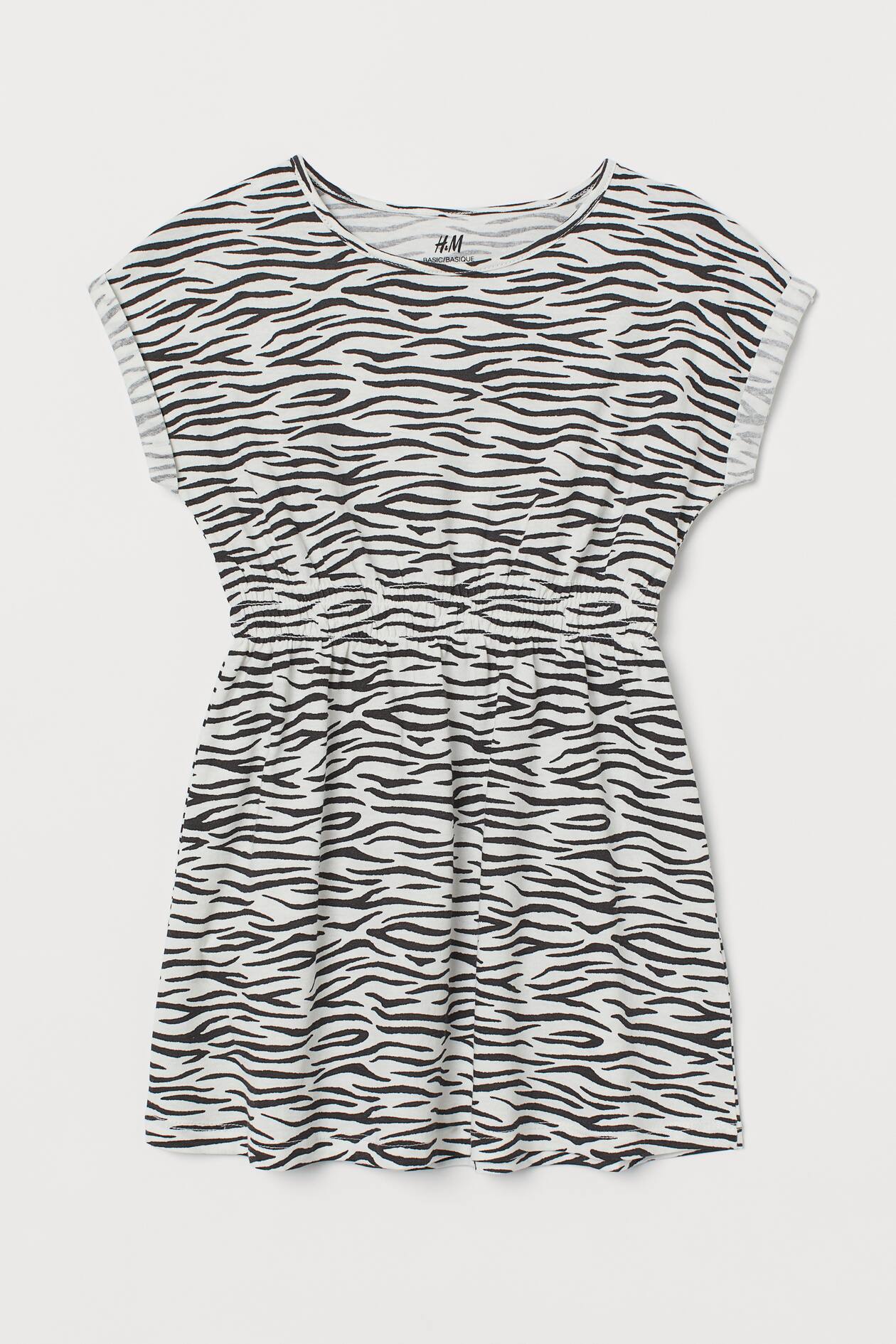 Smock-detail Dress - Round Neck - Short sleeve - White/zebra print ...